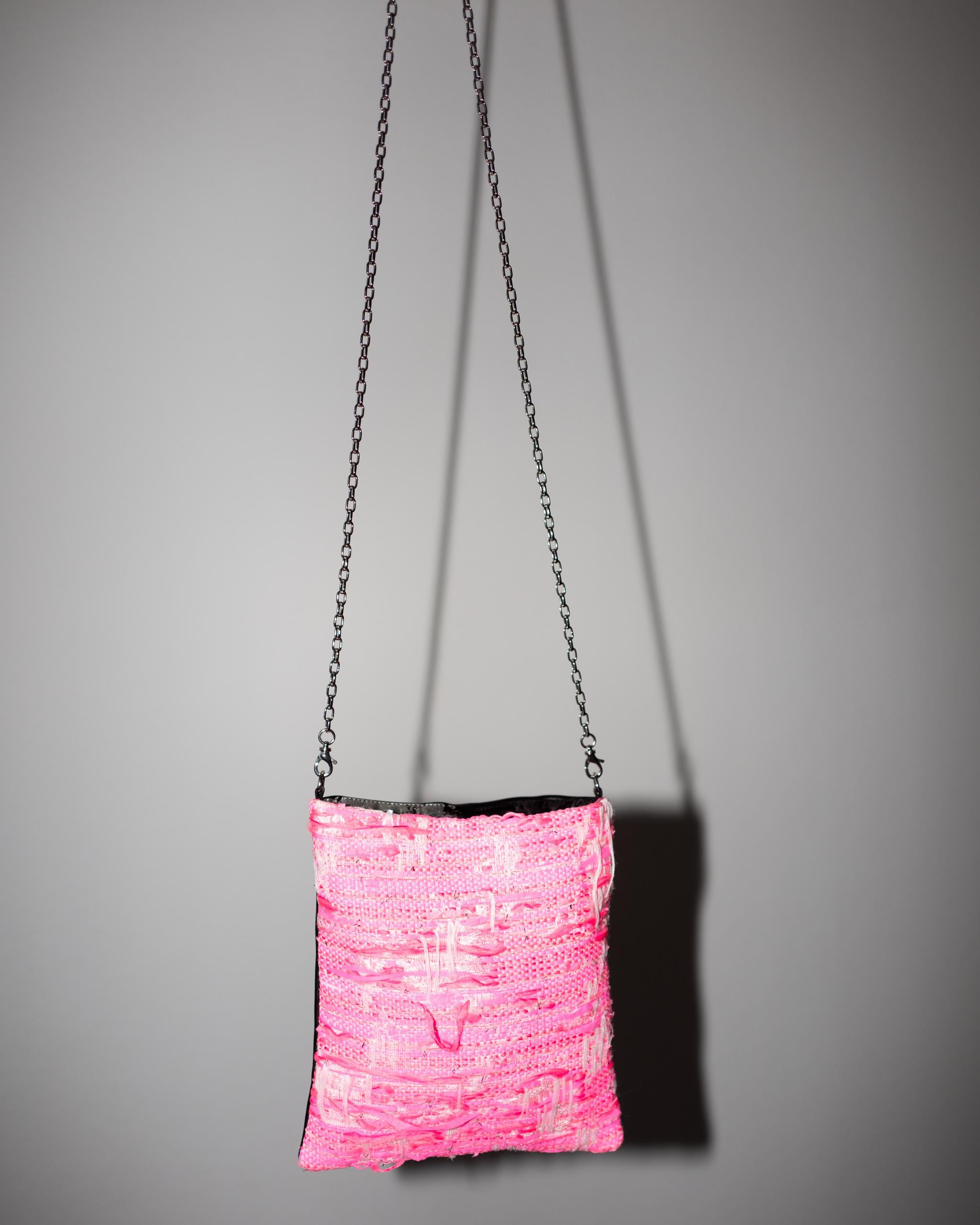 Women's Neon Pink Tweed Black Italian Napa Leather Palladium Chain Shoulder Bag For Sale