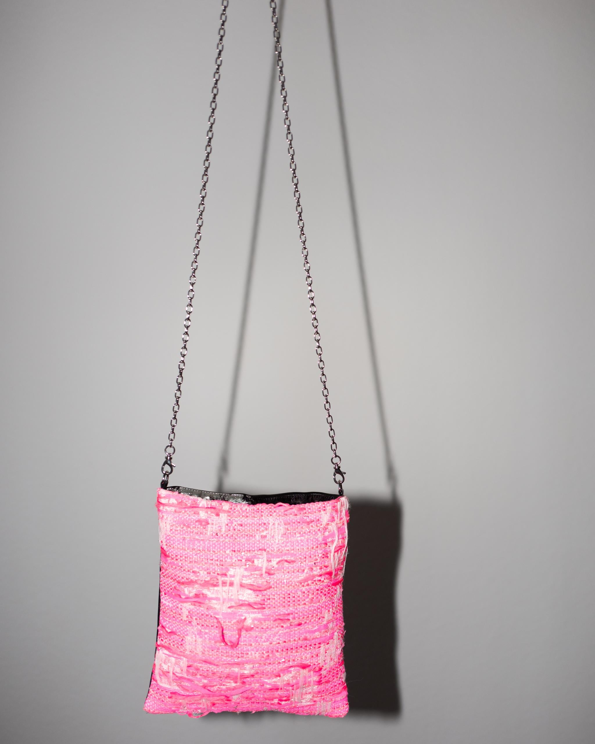 Neon Pink Tweed Black Italian Napa Leather Palladium Chain Shoulder Bag For Sale 1