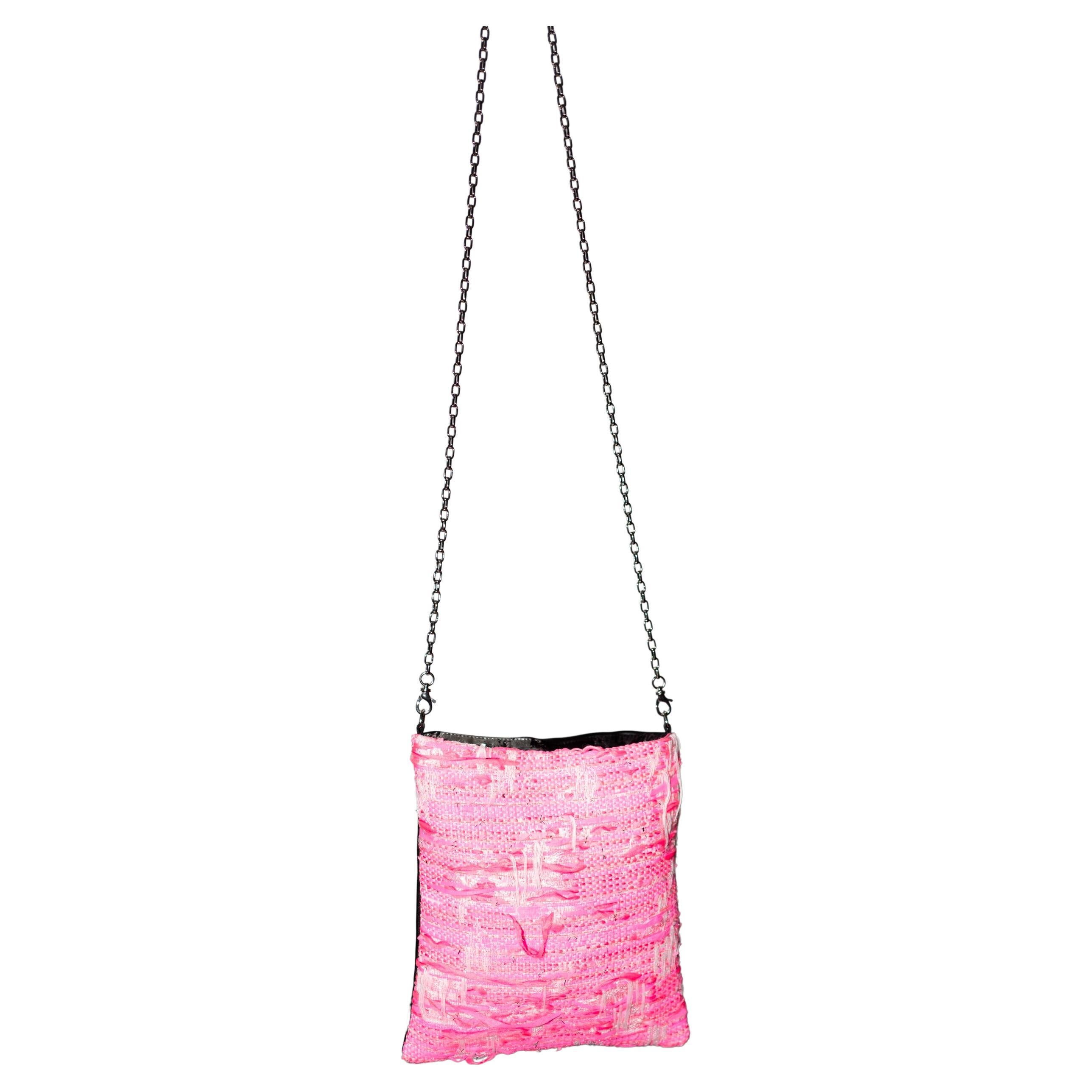 Neon Pink Tweed Black Italian Napa Leather Palladium Chain Shoulder Bag For Sale