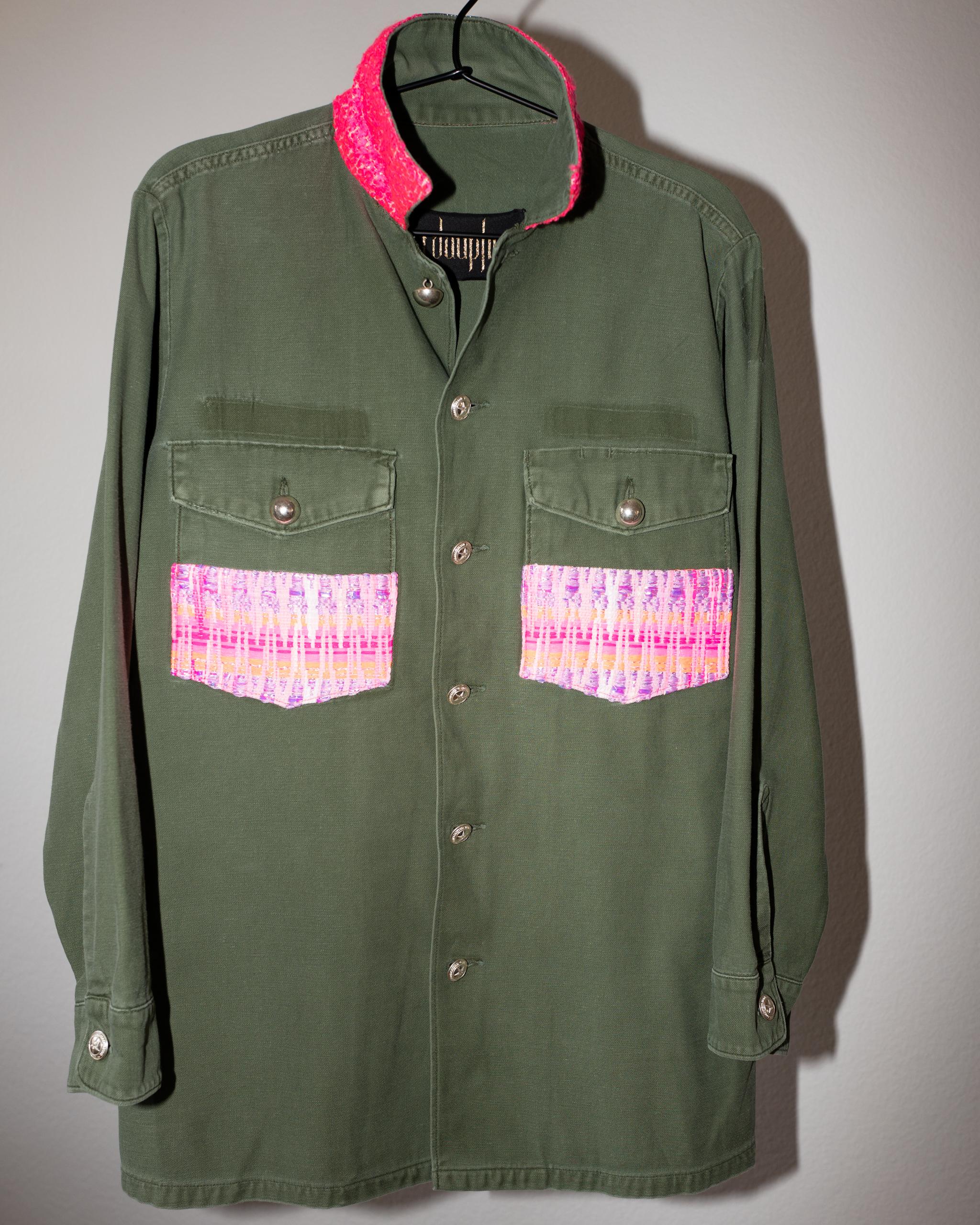 Vintage one of a kind distressed Green Military Jacket with French Neon Pink Tweed Pockets and Neon Pink Collar , Vintage Silver plated Brass Buttons from Paris around the 40