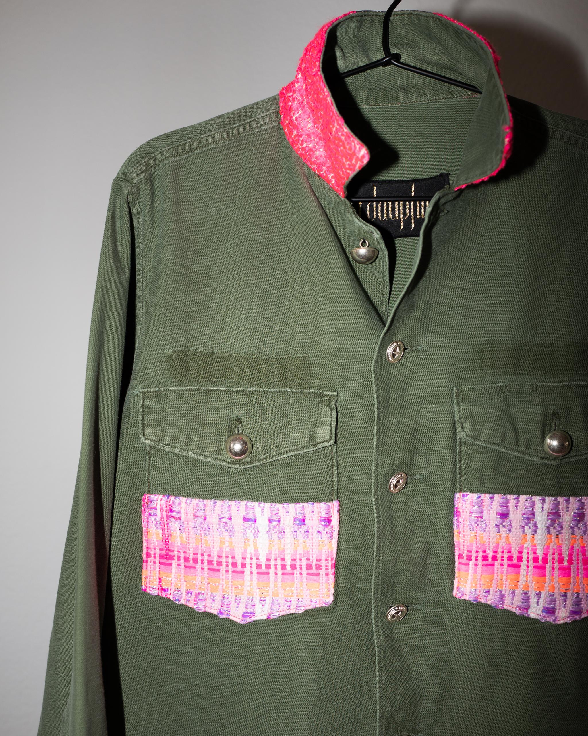 Neon Pink Pastel Tweed Pockets Remade Green US Military Vintage Jacket  In New Condition For Sale In Los Angeles, CA