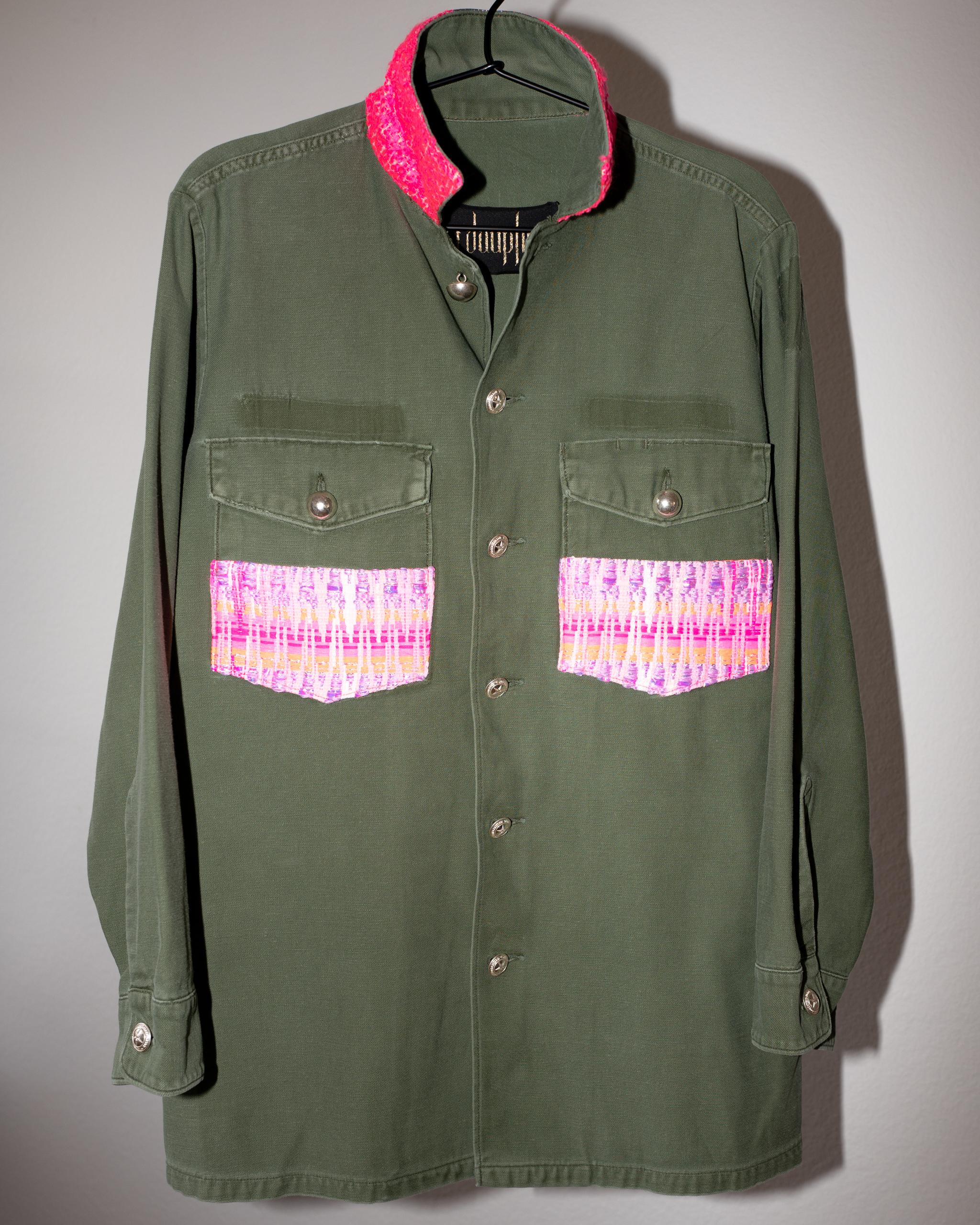 Neon Pink Pastel Tweed Pockets Remade Green US Military Vintage Jacket  For Sale 1
