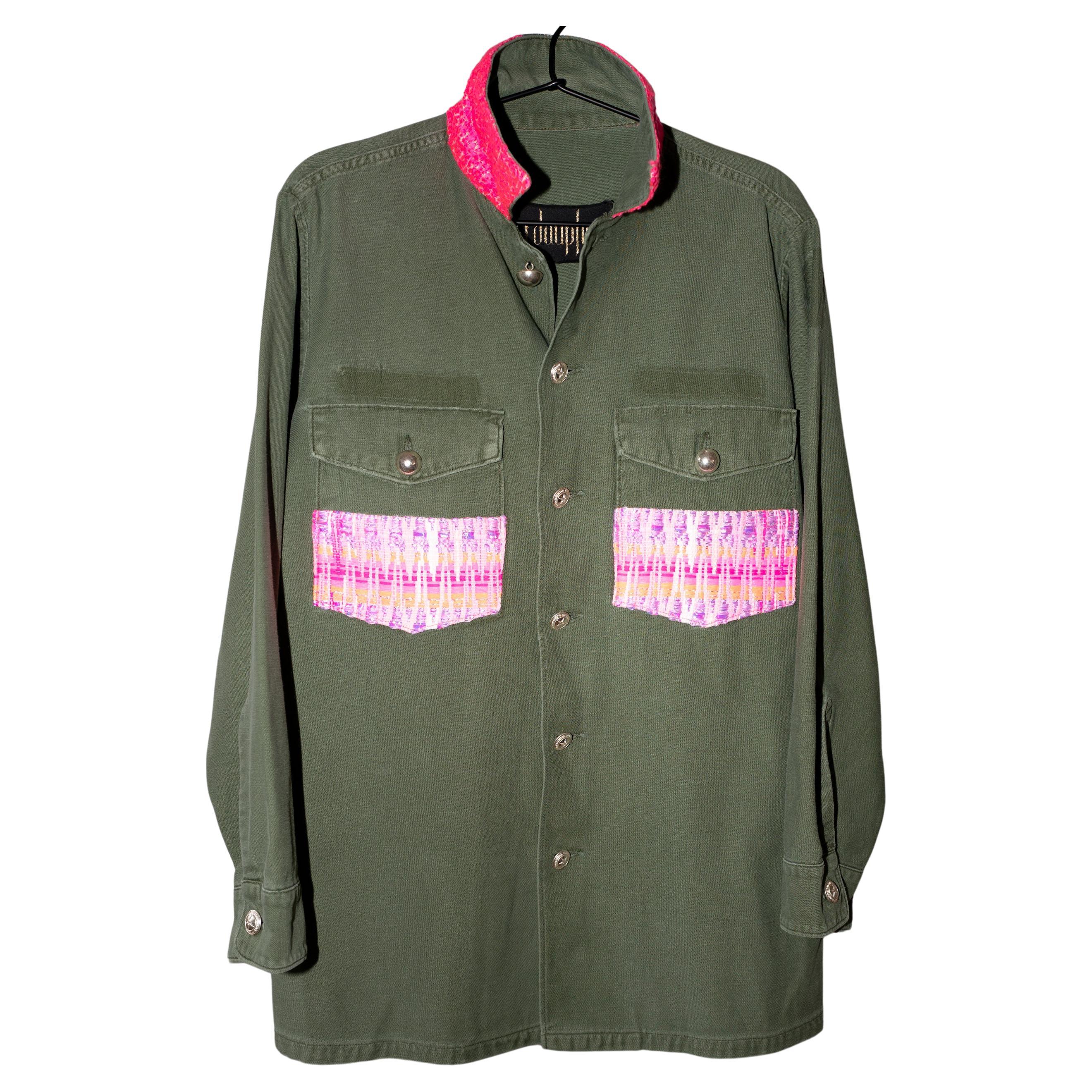 Neon Pink Pastel Tweed Pockets Remade Green US Military Vintage Jacket  For Sale