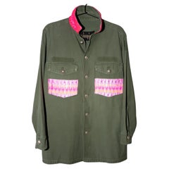 Neon Pink Pastel Tweed Pockets Remade Green US Military Used Jacket 