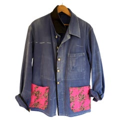 Neon Pink Tweed Vintage Blue Work Jacket France Distressed One of a kind