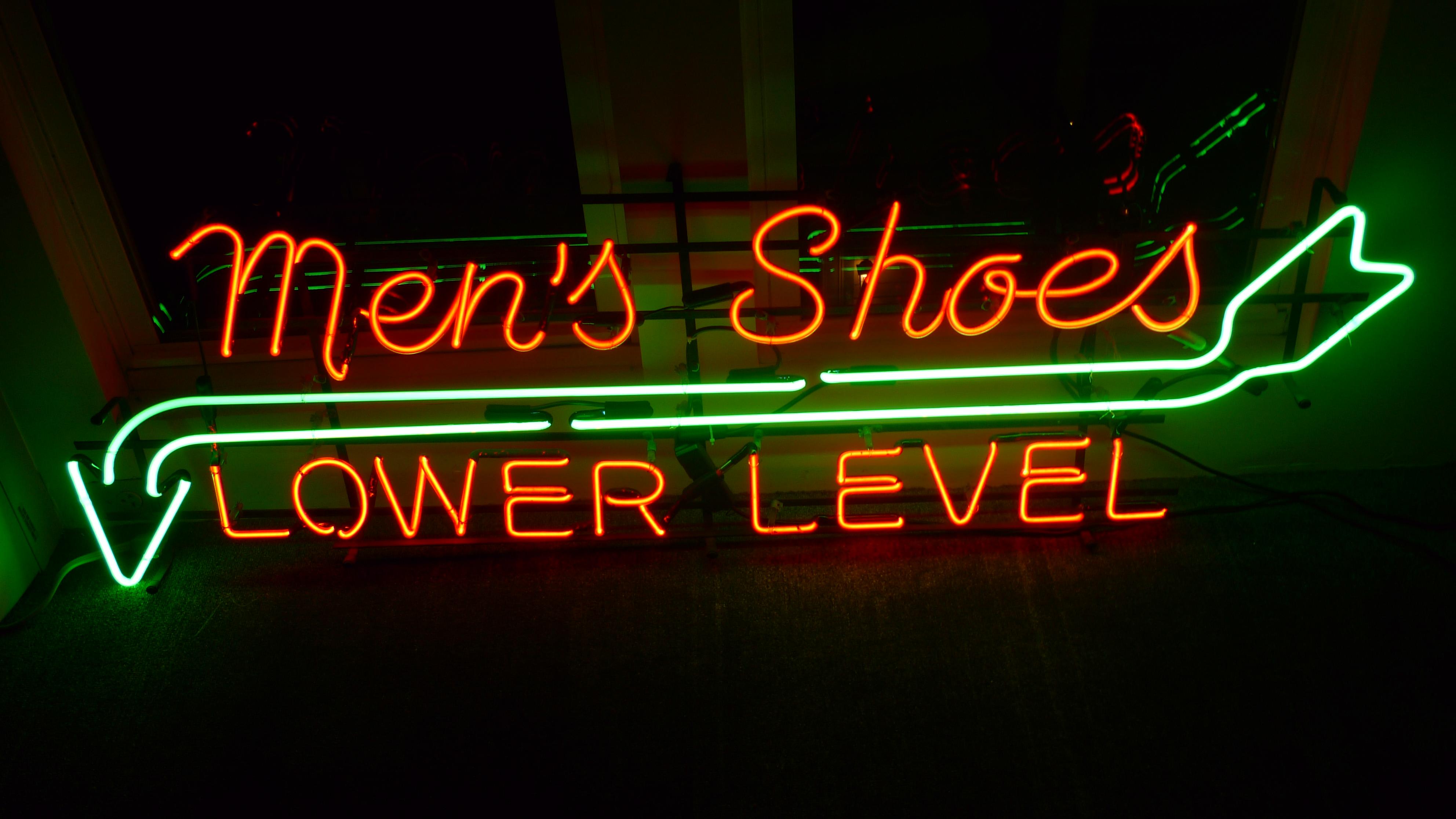 Art Glass Neon Sign from Department Store, Men's Shoes, Lower Level, circa 1930s For Sale