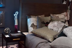 Neon Table Lamp Satin White and Blue Resin Base Modern Handmade Light Sculpture