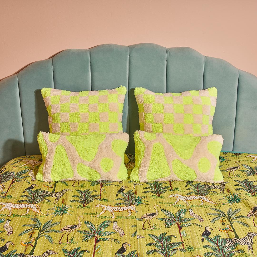 Neon Yellow Check Tufted Square Pillow In New Condition For Sale In Oaklyn, NJ