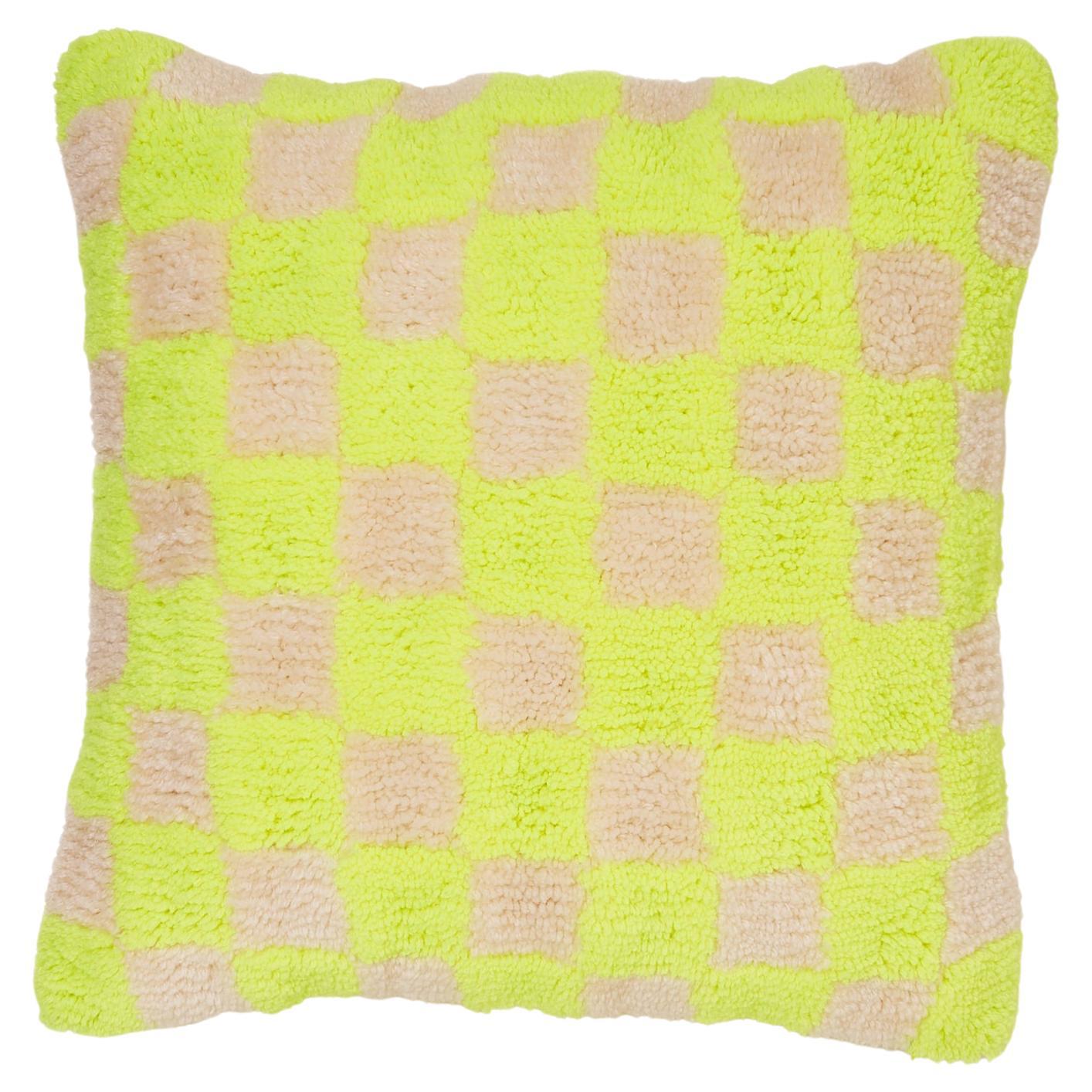 Neon Yellow Check Tufted Square Pillow For Sale