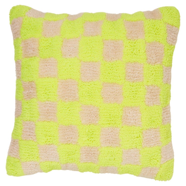 Neon Yellow Check Tufted Square Pillow For Sale at 1stDibs