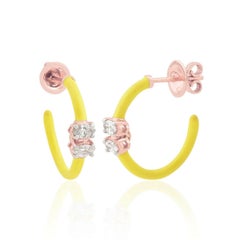 Neon Yellow Enamel 14 Karat Gold Diamond Hoop Earrings