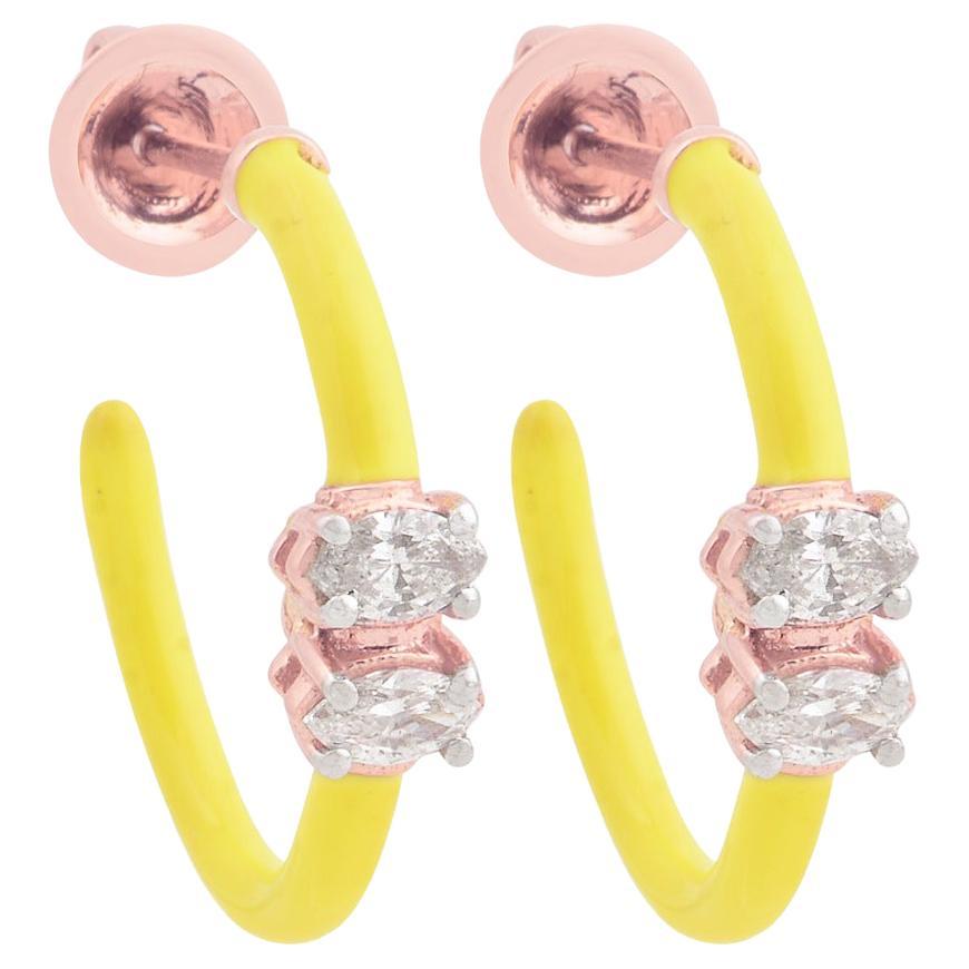 Neon Yellow Enamel 14 Karat Gold Diamond Hoop Earrings For Sale