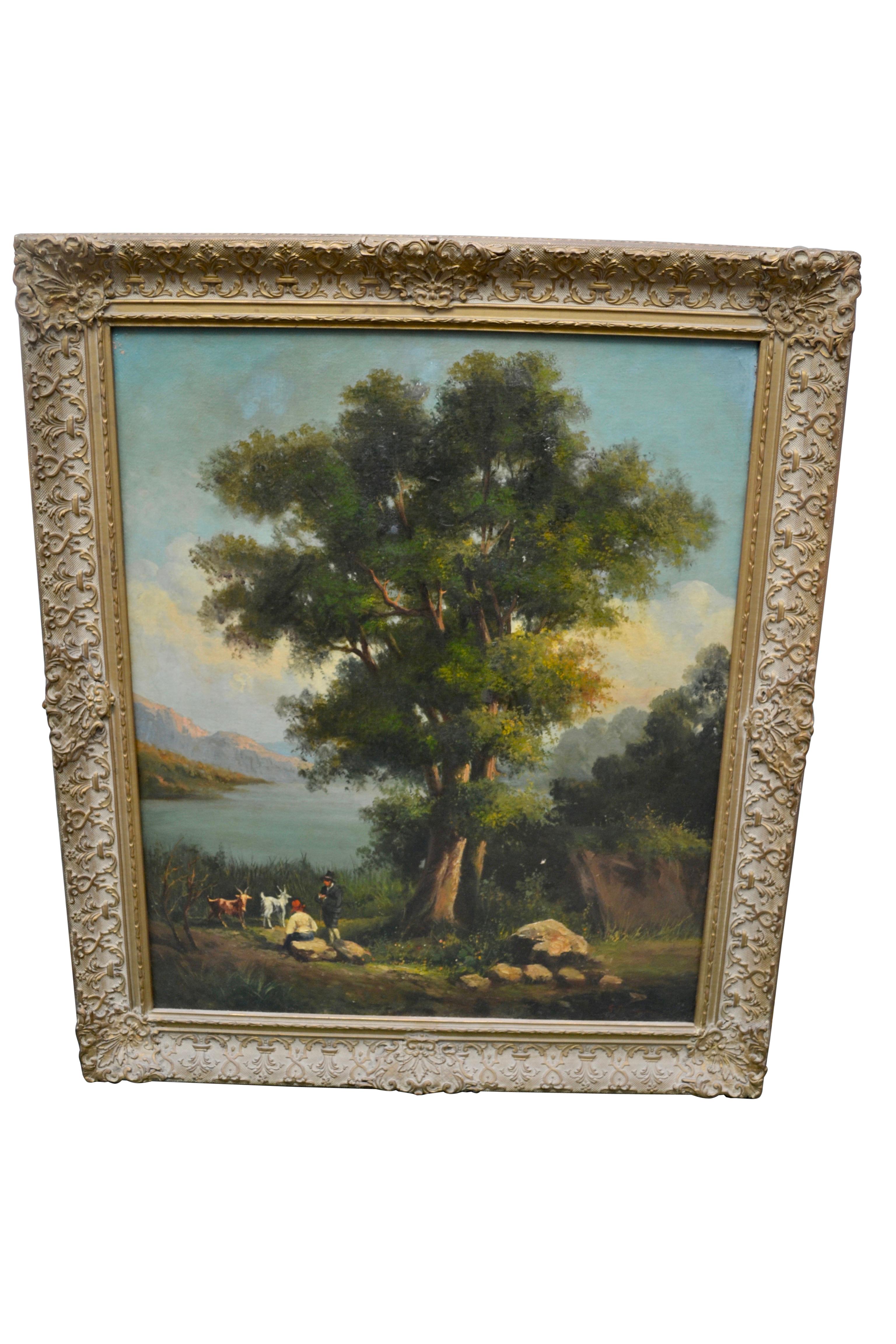 Neopolitan School, 19th century oil on canvas landscape centred around a huge tree and pastoral scene depicting two figures with pair of horned goats near an expansive lake surrounded by tall mountain peaks amid the dawning of a new day. Signed G