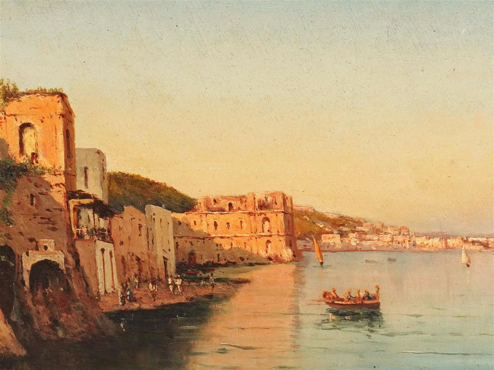 Our scene on wooden panel depicts the coastline in the Posillipo area of Naples. Board measures 9 by 15 inches and the period frame, 13 3/4 by 20 inches. Signed indistinctly with title on reverse, Posillipo Napoli.