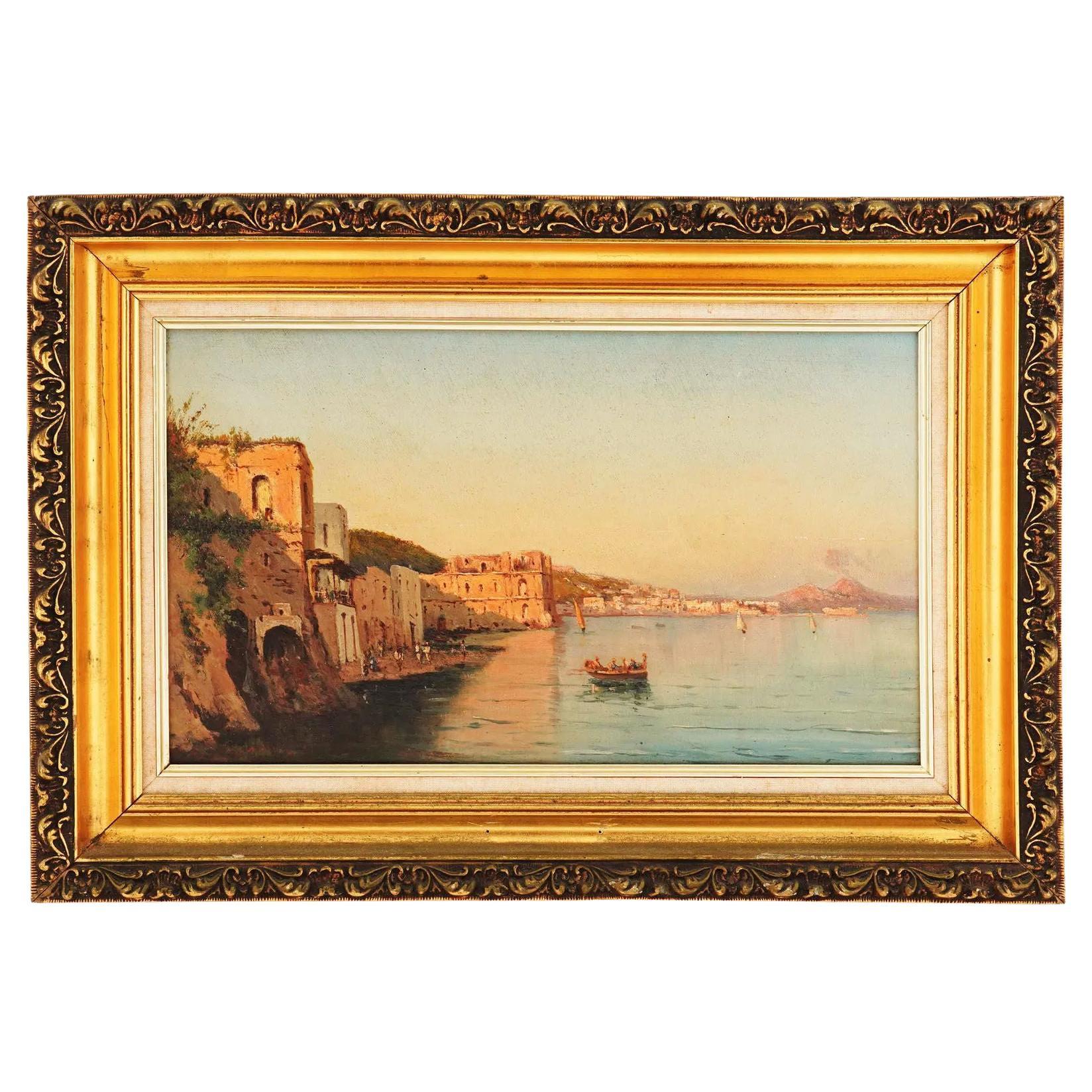 Neopolitan School Oil Painting of Posillipo Napoli Naples Coastline For Sale