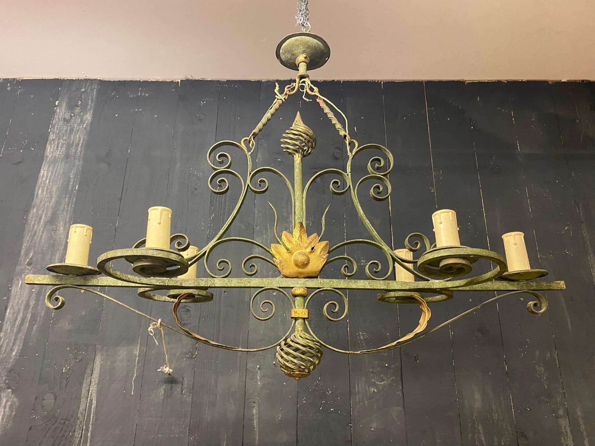 Neorustic Wrought Iron Pendant, circa 1950 In Good Condition For Sale In Saint-Ouen, FR