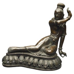 Antique Nepal, 19th Century, Representation of a Deva with her hands in Vitarka Mudra