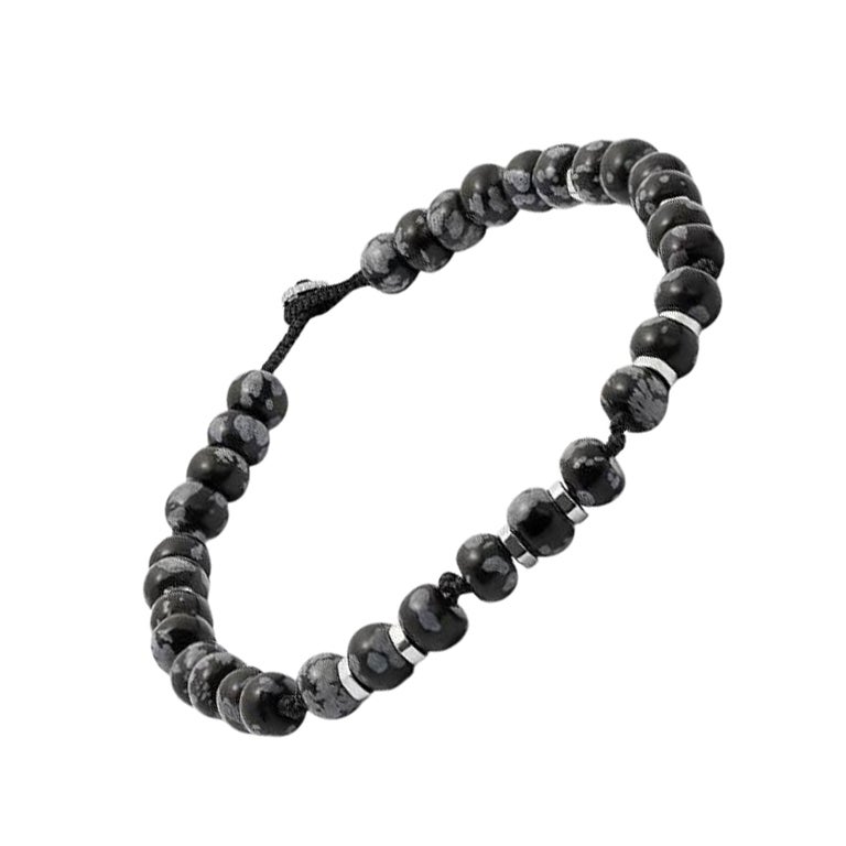 Bracelet Népal avec macramé noir et perles d'obsidienne flocon de neige polies, taille M