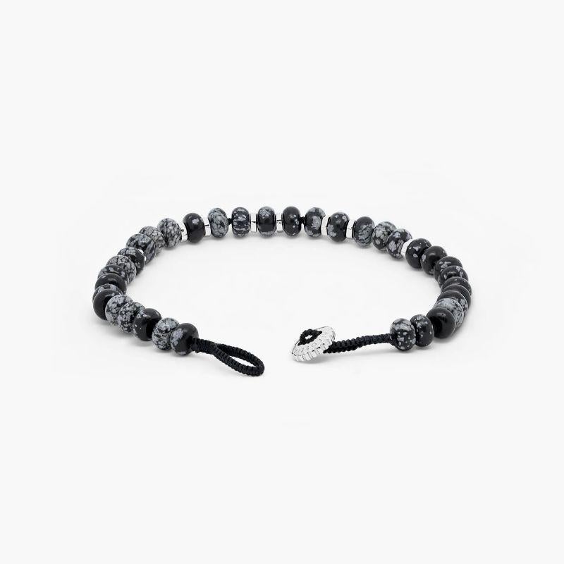 Nepal Bracelet with Black Macramé and Polished Snowflake Obsidian Beads, Size XS In New Condition For Sale In Fulham business exchange, London