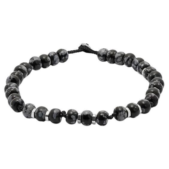 Nepal Bracelet with Black Macramé and Polished Snowflake Obsidian Beads, Size XS For Sale