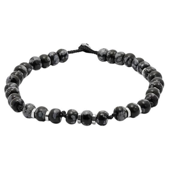 Nepal Bracelet with Black Macramé and Polished Snowflake Obsidian Beads, Size XS