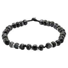 Bracelet népalais avec Macram noir et perles obsidiennes en flocons de neige polies, taille XS