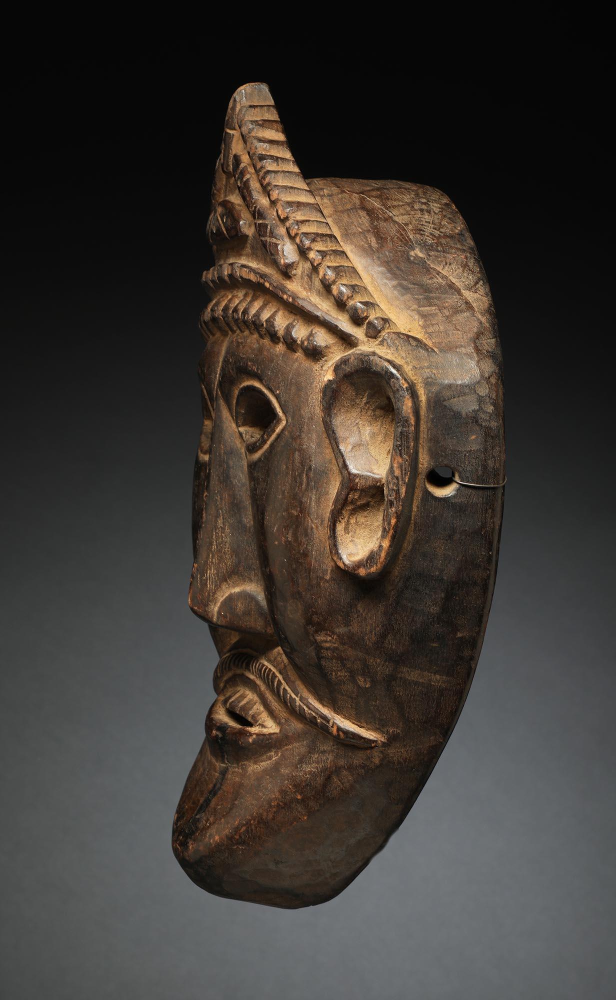 Tribal Nepal Dance Mask Flat Face with Tzi Bead Headdress, Early 20th Century