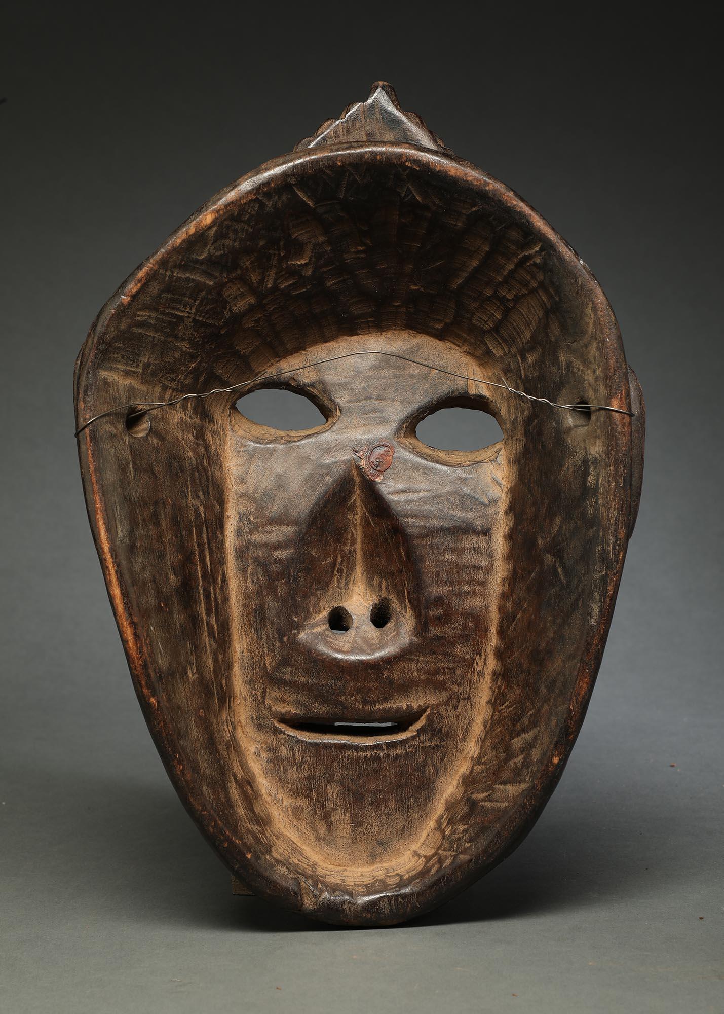 Hand-Carved Nepal Dance Mask Flat Face with Tzi Bead Headdress, Early 20th Century