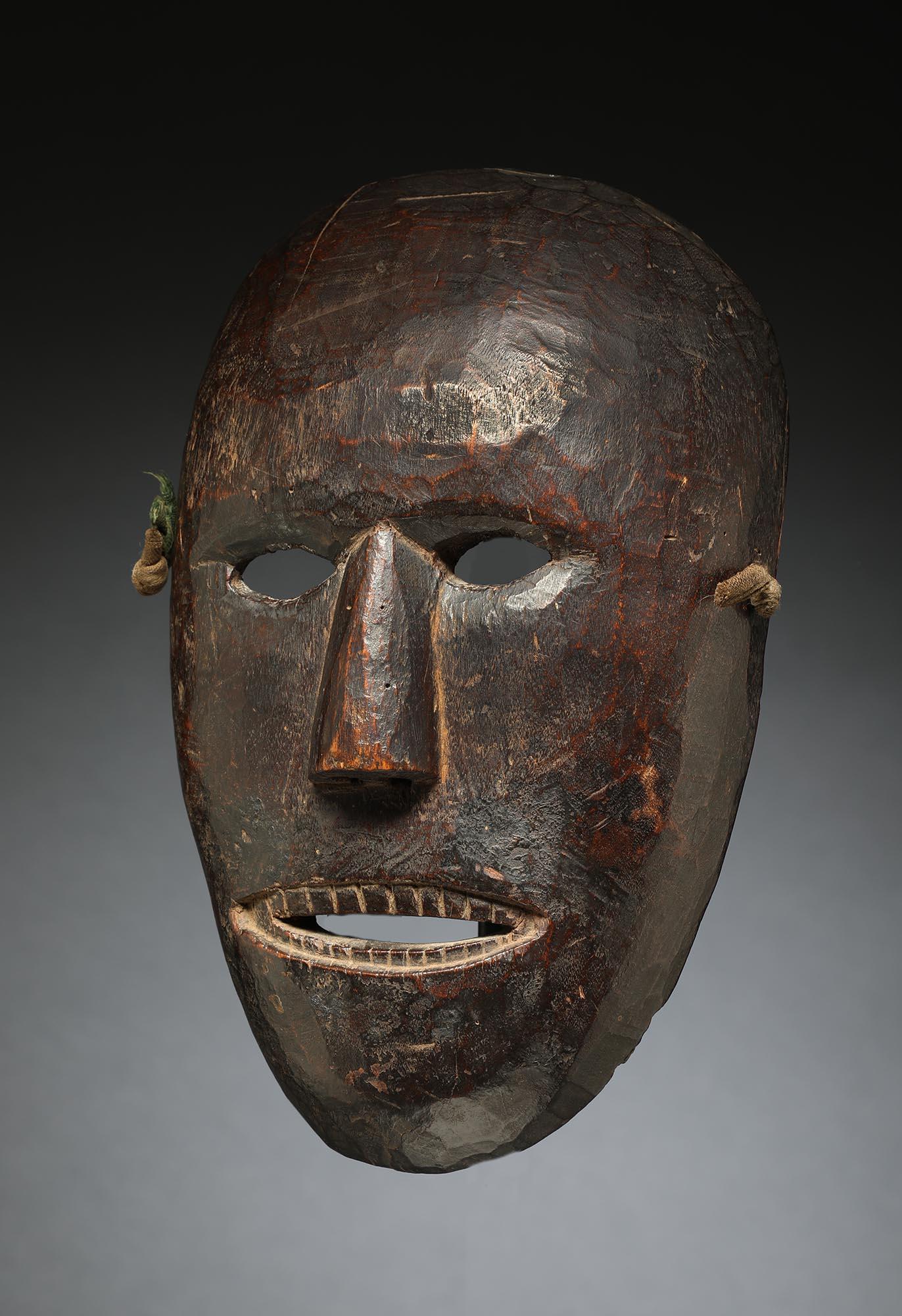 Hand-Carved Nepal Dance Mask Oval Face with Open Mouth Teeth, Late 19th-Early 20th Century