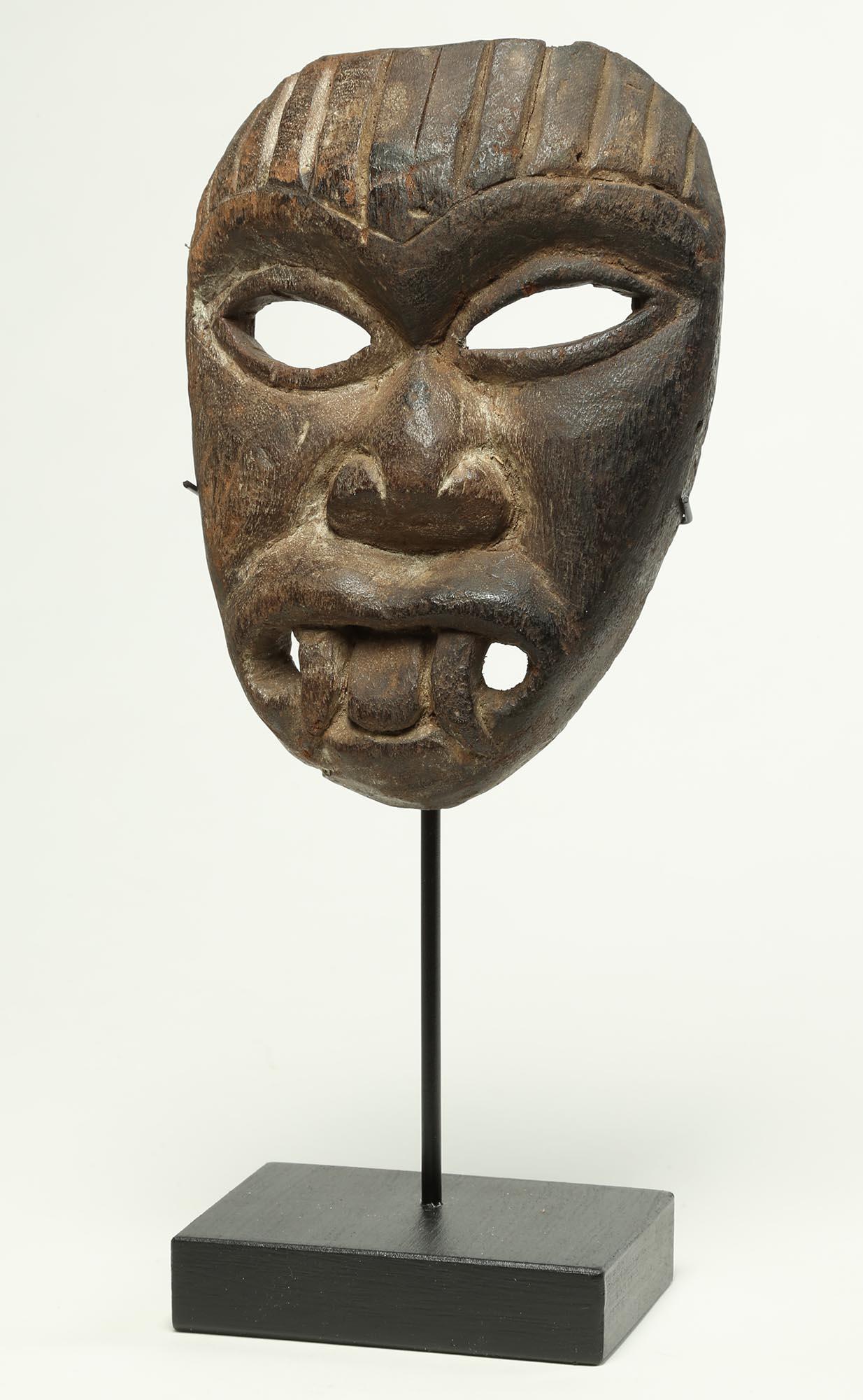 Tribal Nepal Himalayan Wood Mask, Early 20th Century Miniature Demon with fangs For Sale