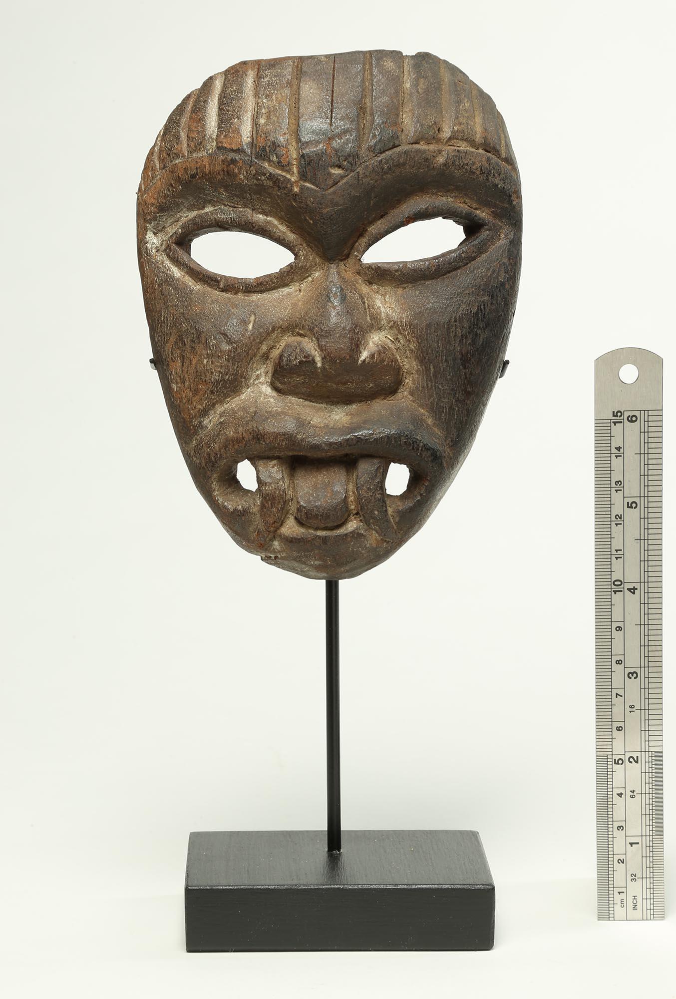 Nepal Himalayan Wood Mask, Early 20th Century Miniature Demon with fangs In Good Condition For Sale In Santa Fe, NM