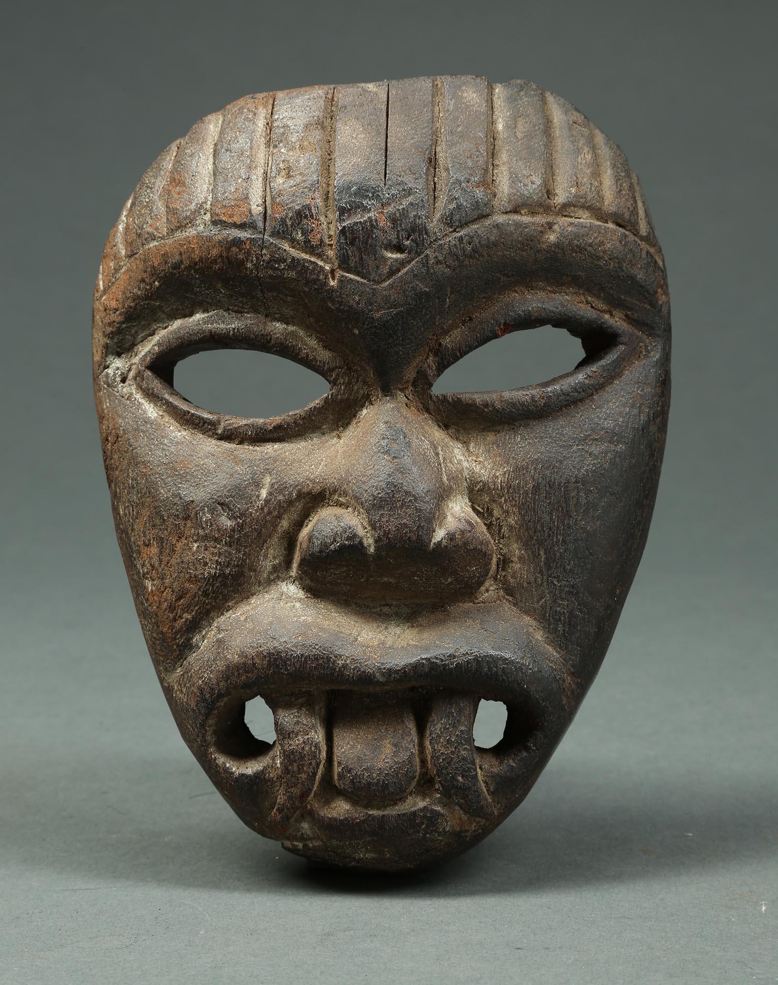 Nepal Himalayan Wood Mask, Early 20th Century Miniature Demon with fangs For Sale 1