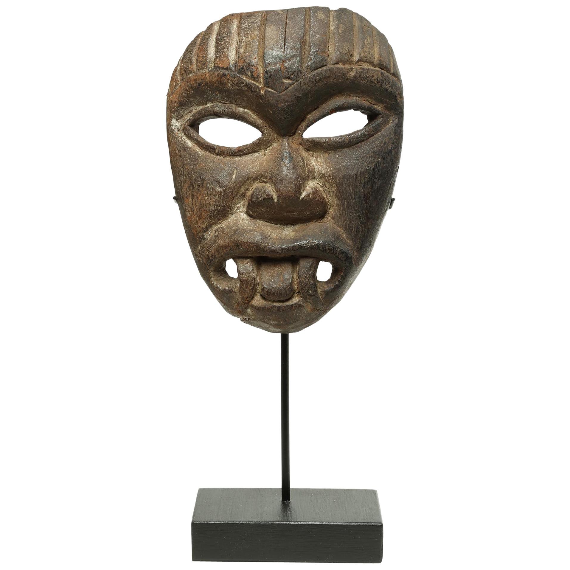 Nepal Himalayan Wood Mask, Early 20th Century Miniature Demon with fangs For Sale
