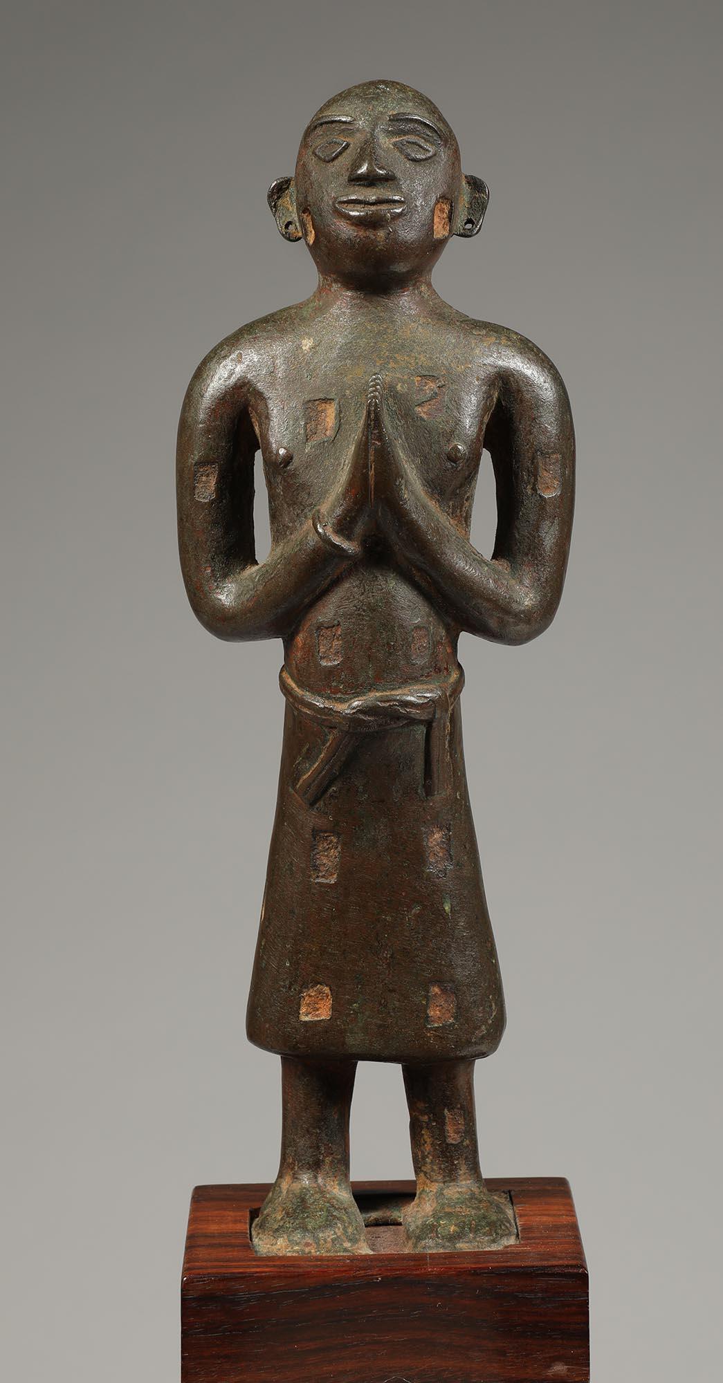 Tribal Nepal India Solid Cast Bronze Standing Namaste Figure 19th Century praying