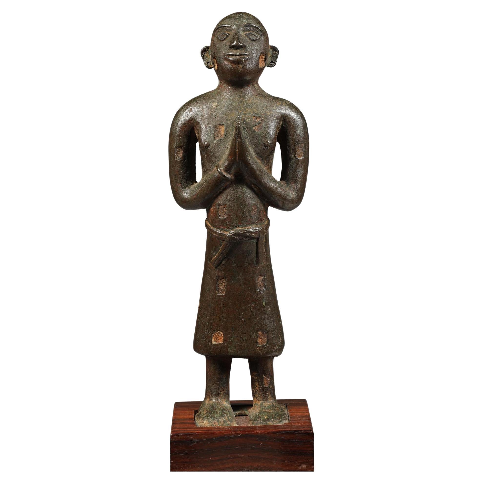 Nepal India Solid Cast Bronze Standing Namaste Figure 19th Century praying