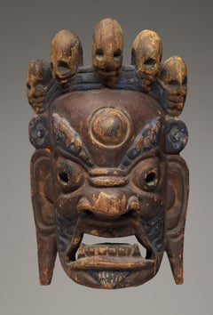 Nepal Mahakala Wood Dance Mask with Open Eyes Fierce Mouth Teeth