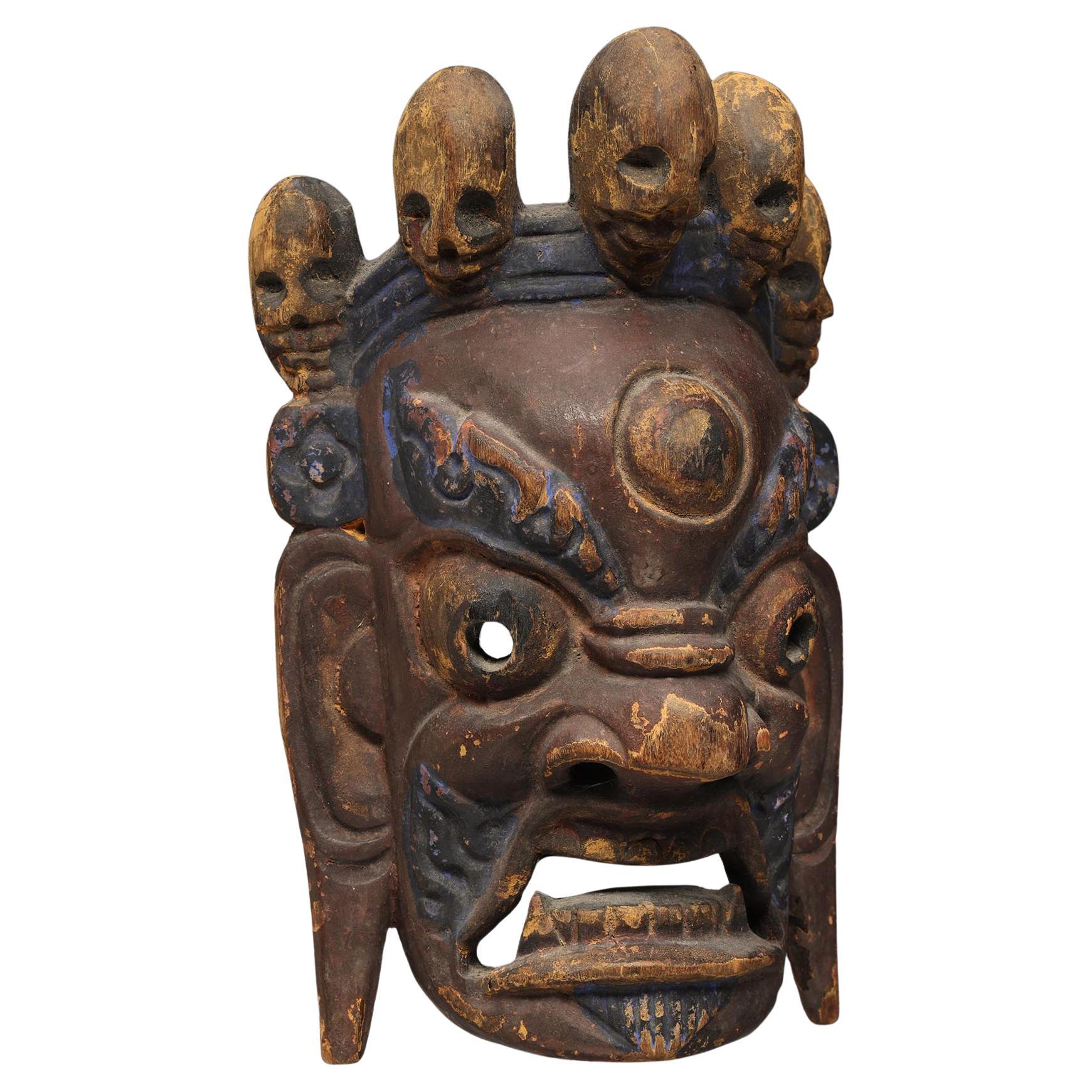 Nepal Mahakala  Wood Dance Mask with Open Eyes Fierce Mouth Teeth