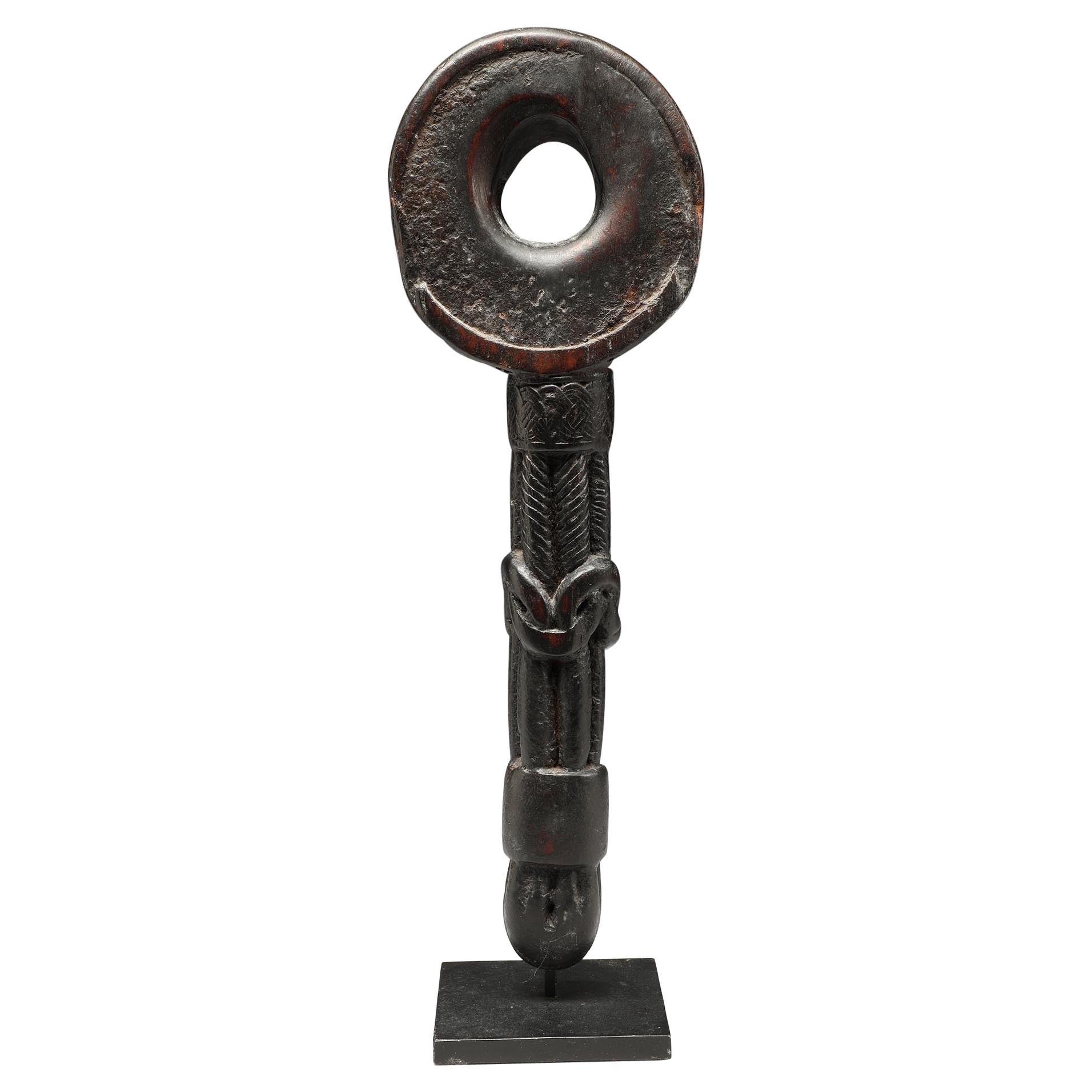 Nepal or Tibet Ghurra Churn Handle Carved Woven Knot, Old Worn Dark Patina For Sale