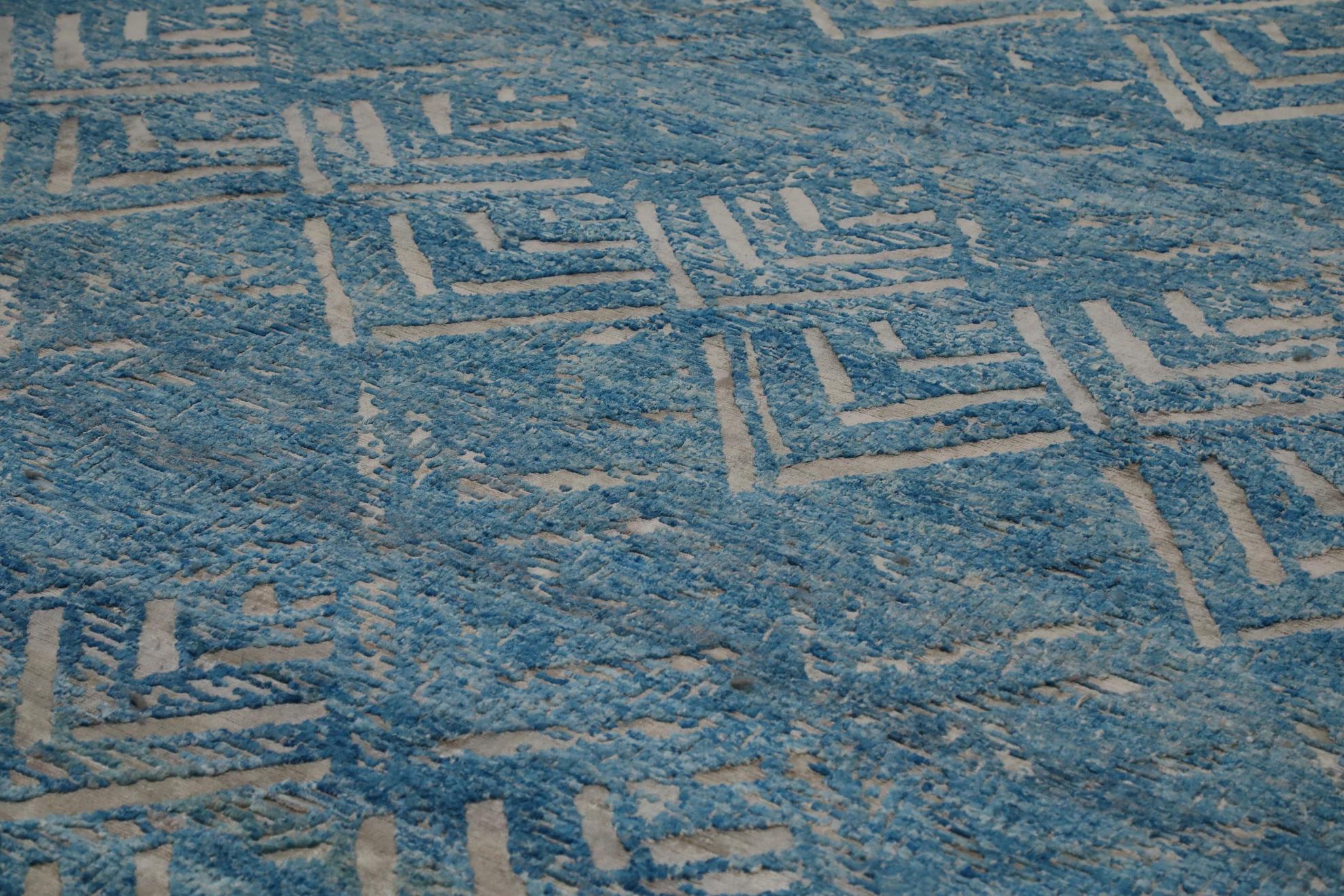 Nepal Seidenschal-Teppiche in Nepal - Wollblau Design - (Moderne) im Angebot