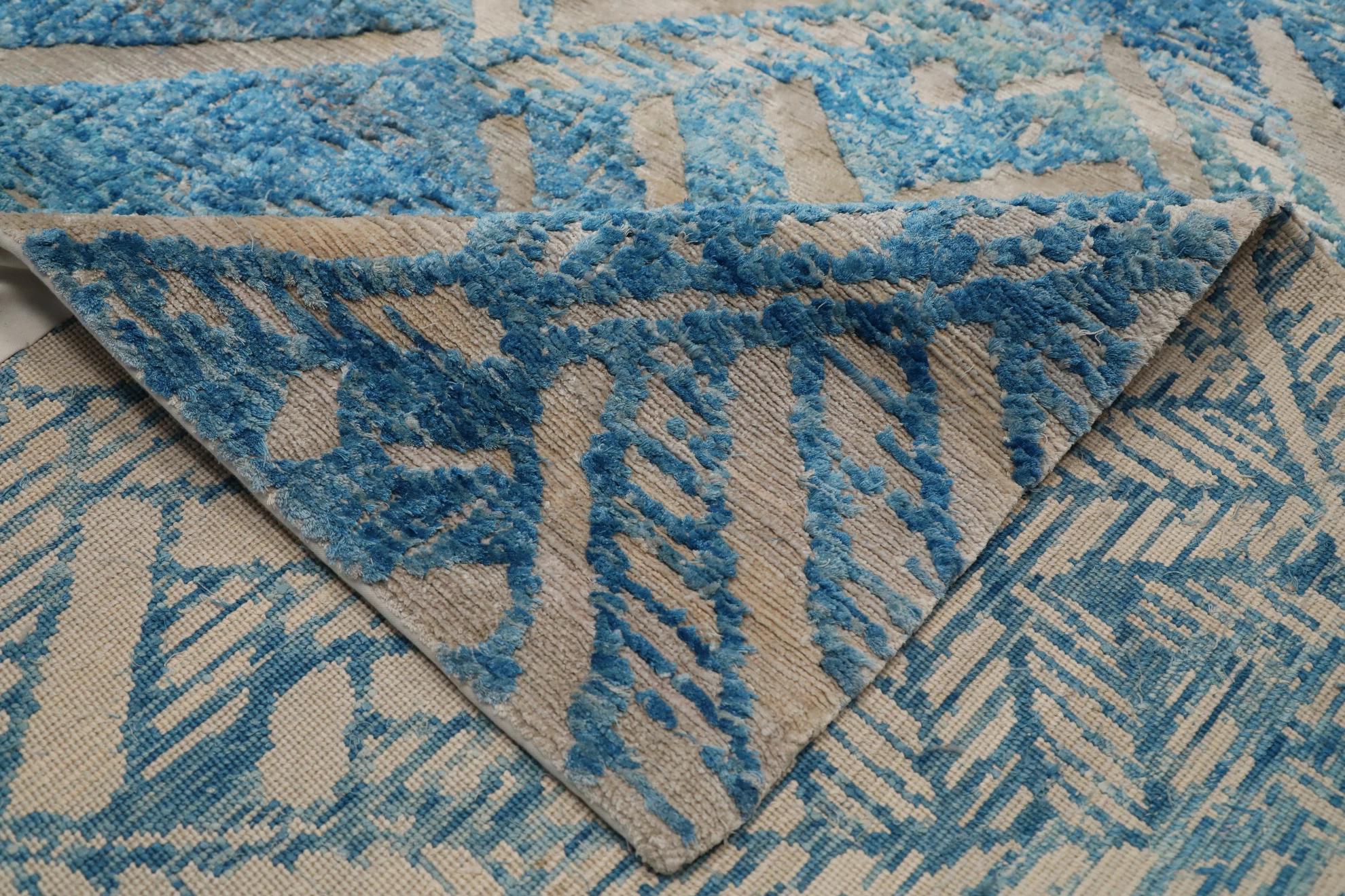 Nepal Seidenschal-Teppiche in Nepal - Wollblau Design - (Nepalesisch) im Angebot
