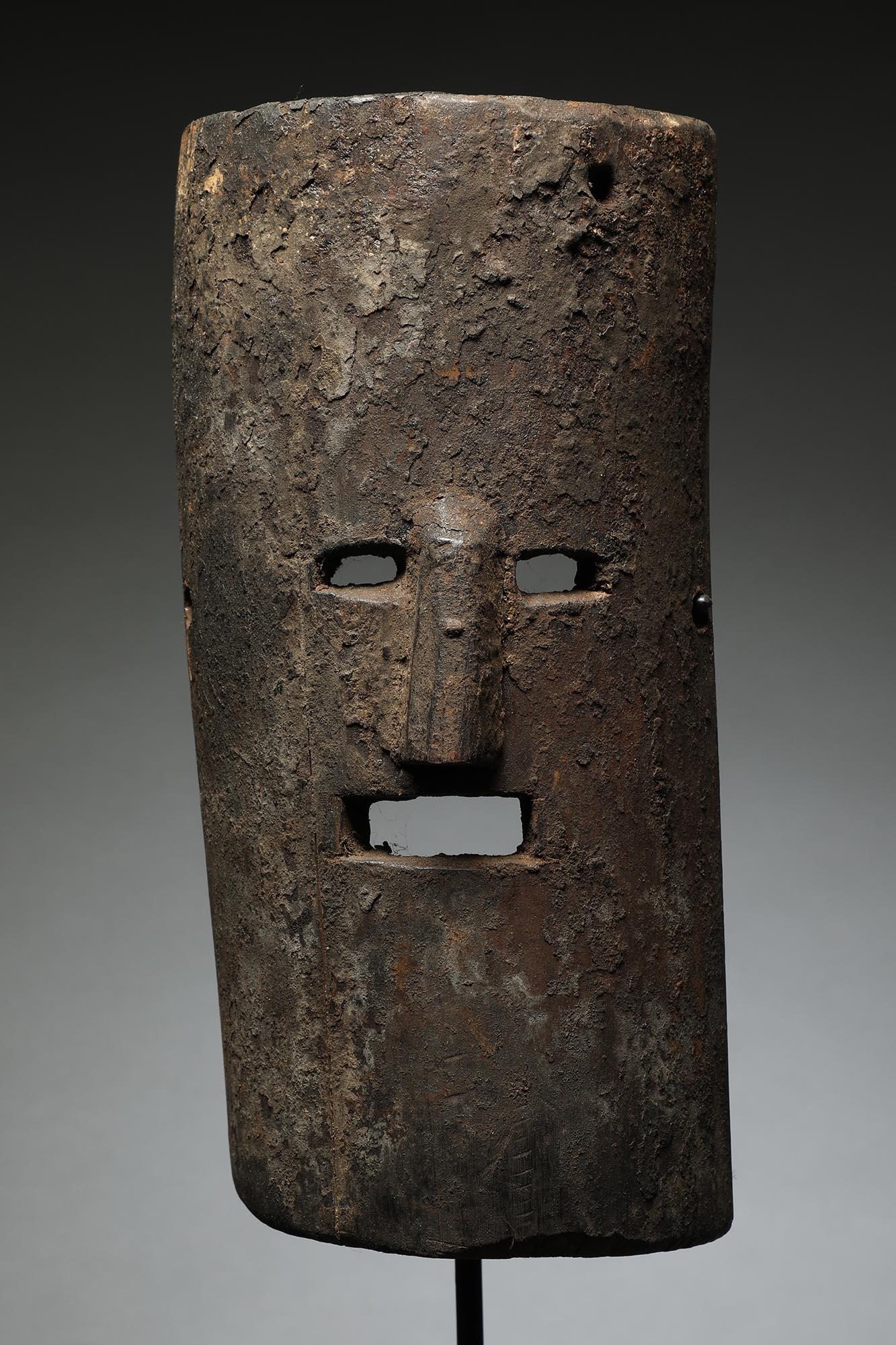 Tribal Nepal Wood Dance Mask Half Cylindrical Form with Open Eyes Mouth Encrusted For Sale