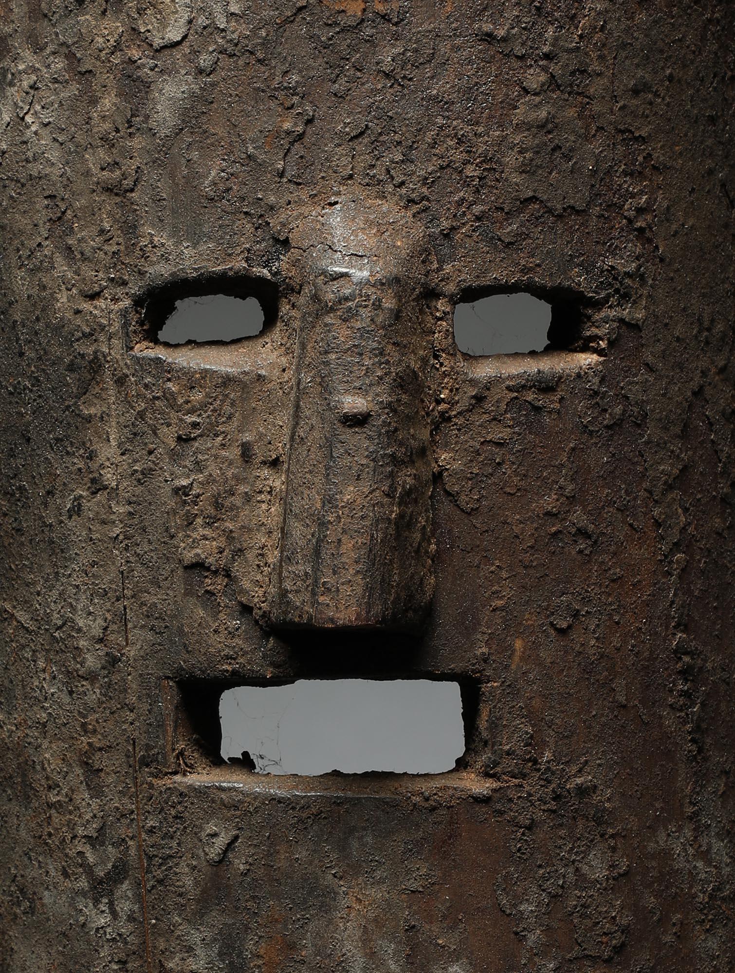 Nepalese Nepal Wood Dance Mask Half Cylindrical Form with Open Eyes Mouth Encrusted For Sale