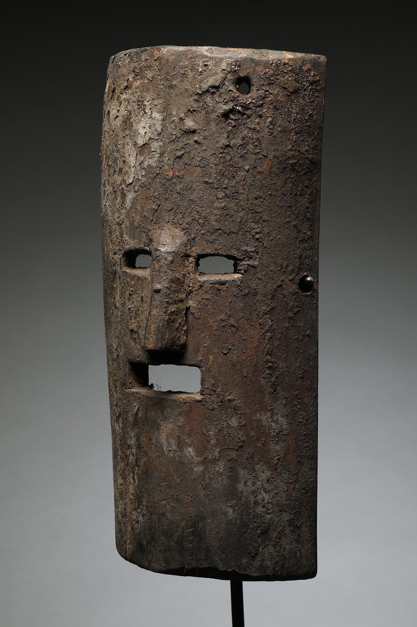 Hand-Carved Nepal Wood Dance Mask Half Cylindrical Form with Open Eyes Mouth Encrusted For Sale