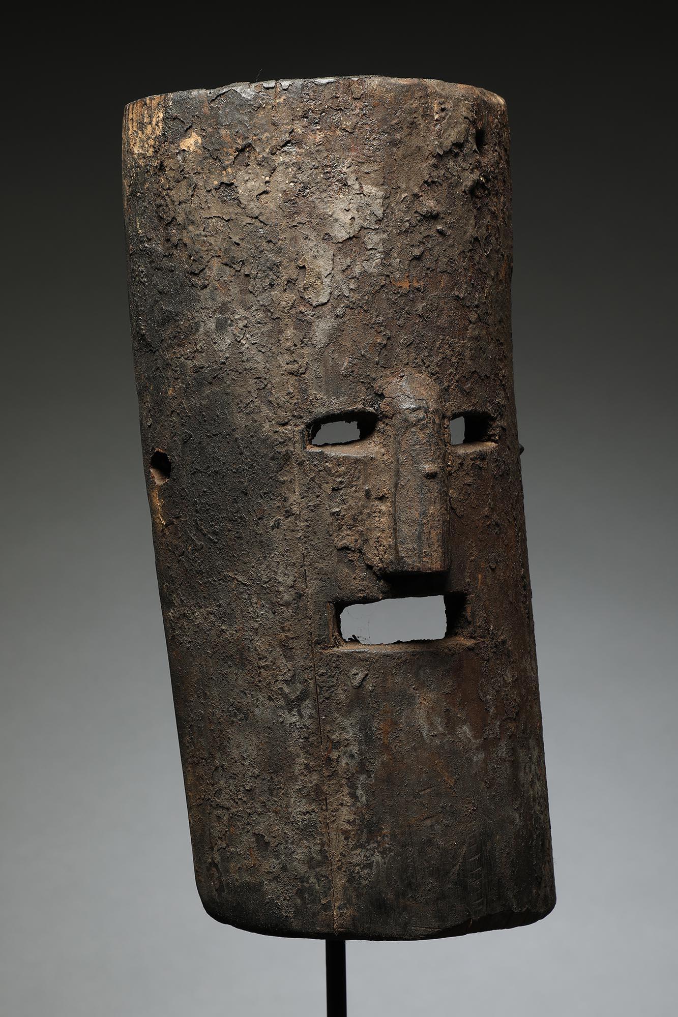 Nepal Wood Dance Mask Half Cylindrical Form with Open Eyes Mouth Encrusted In Distressed Condition For Sale In Point Richmond, CA