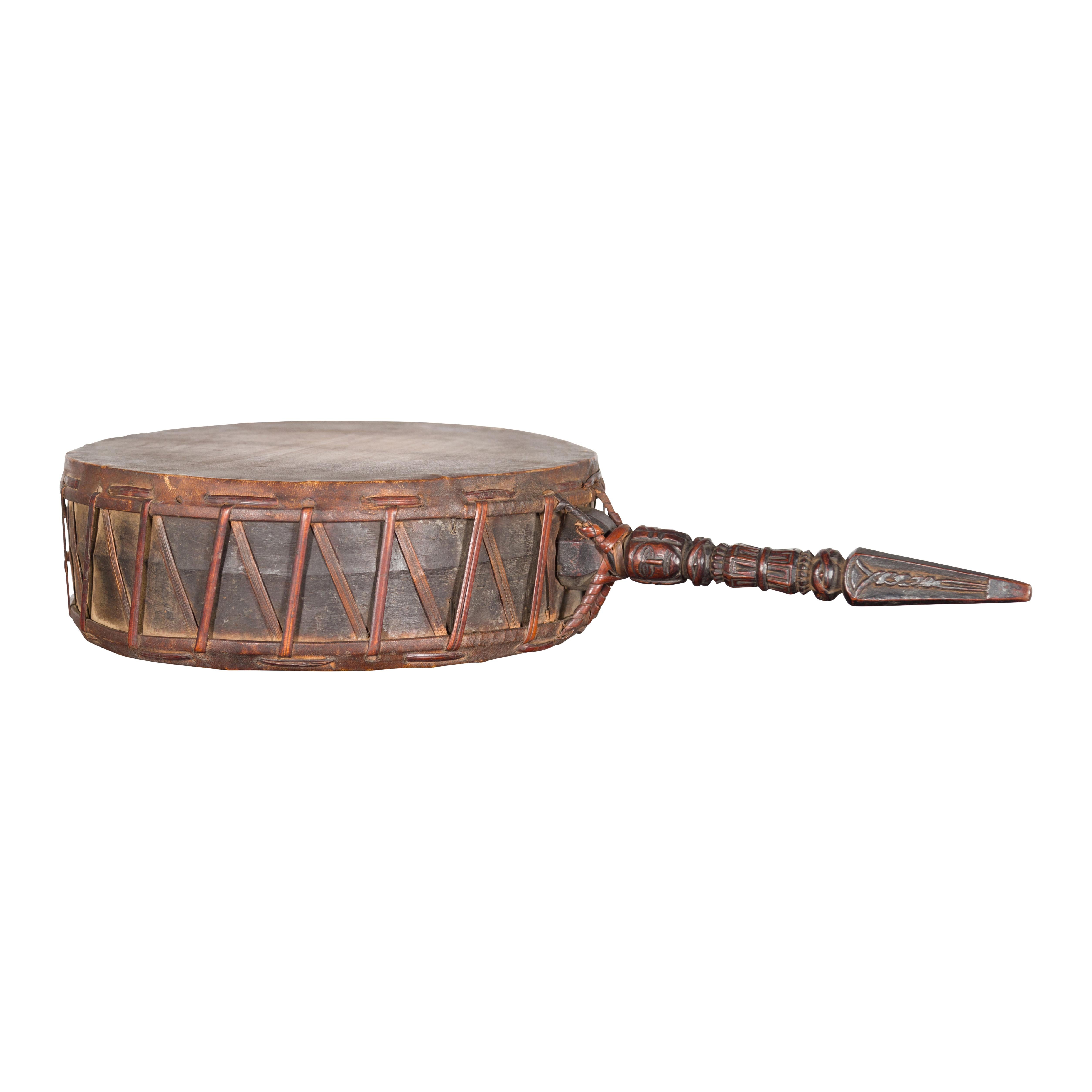 Nepalese Antique Leather Hand Drum with Carved Wooden Handle For Sale 6