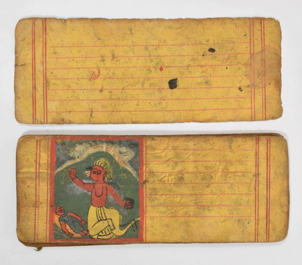 Leporello of 17 yellow-coloured thick paper leaves lined in red, with 8 full-page gouaches on one side and 8 half-page gouaches on the other side, the latter side with many small drawings in pen, the former with several drawings and a small amount