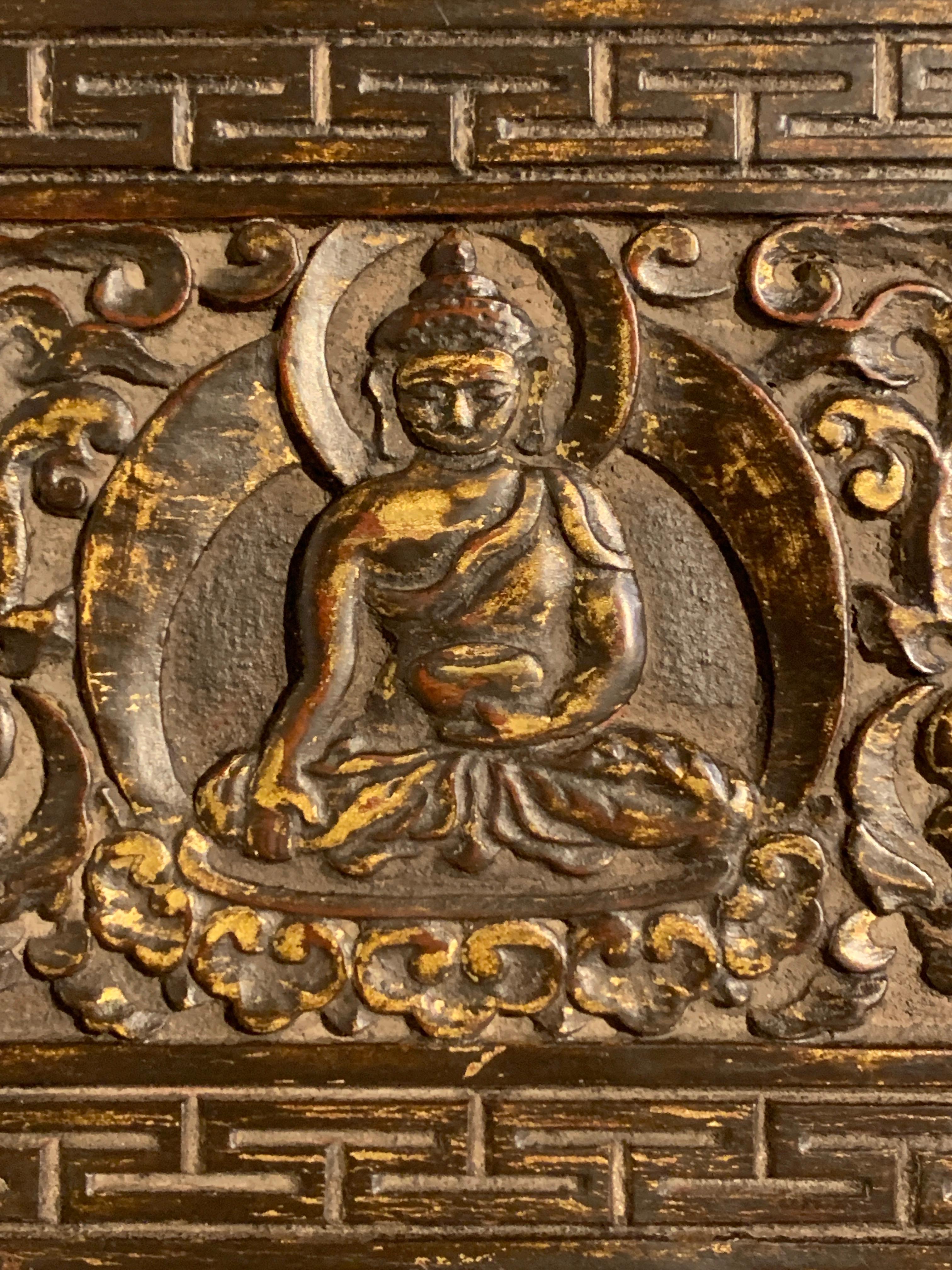 Wood Nepalese Carved and Painted Buddhist Manuscript Cover, 15th Century For Sale