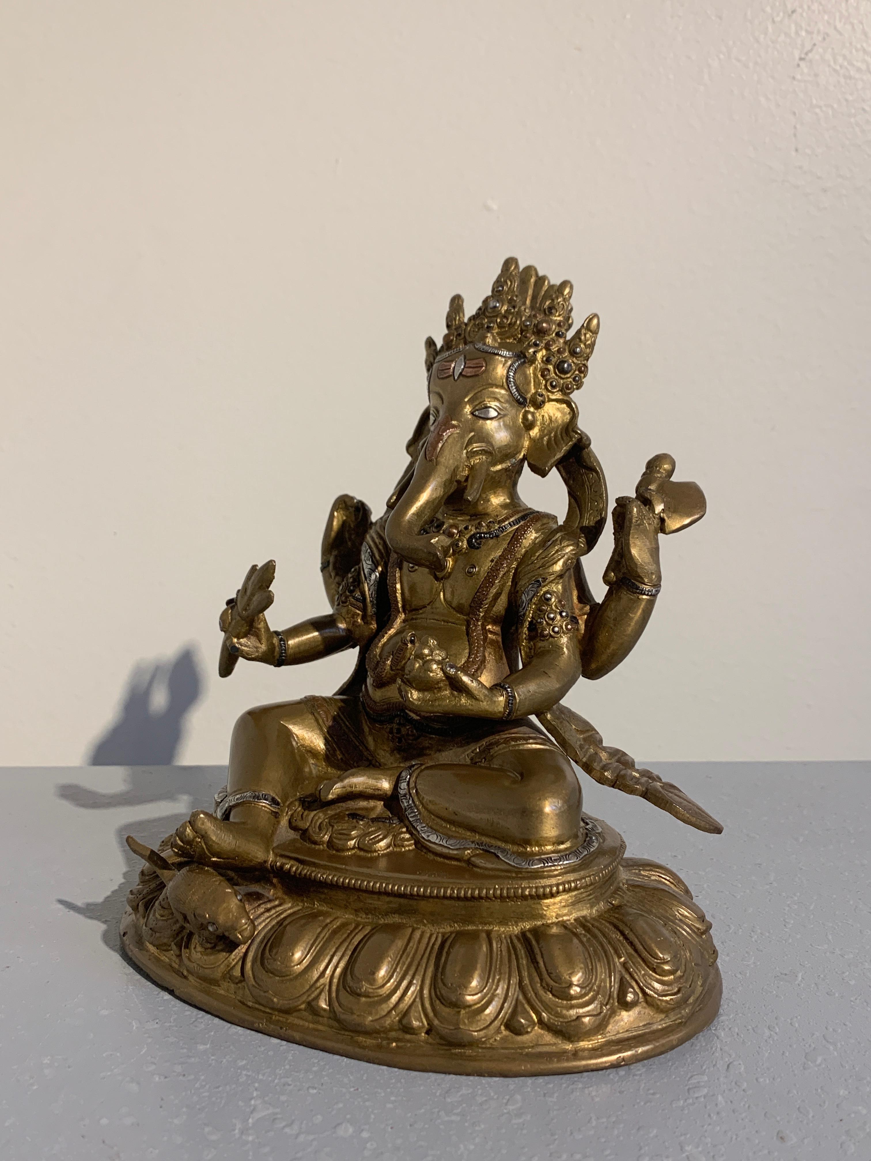 Nepalese Cast Copper Ganesha with Silver and Copper Inlay, Late 20th Century 2