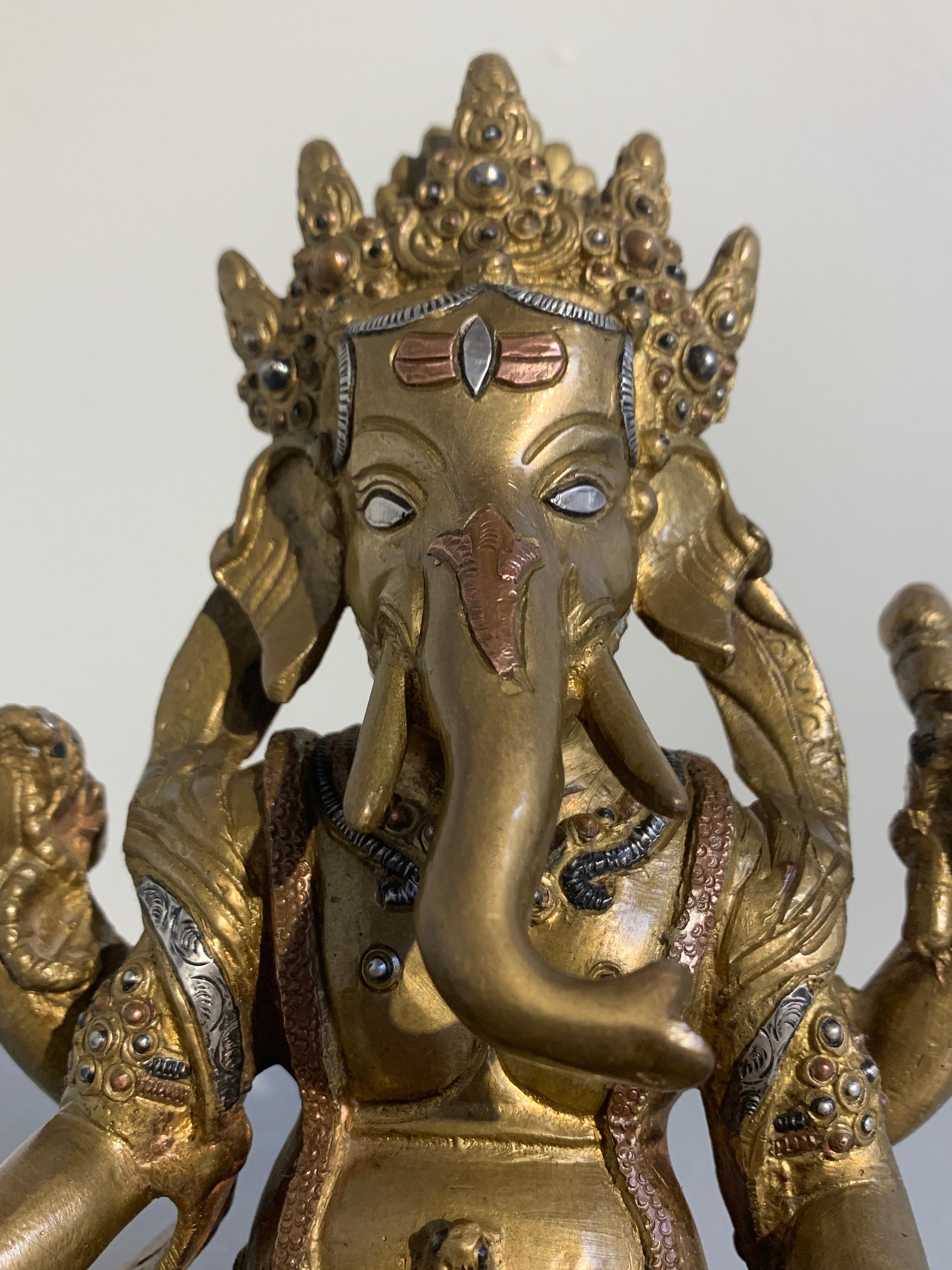 Nepalese Cast Copper Ganesha with Silver and Copper Inlay, Late 20th Century 3