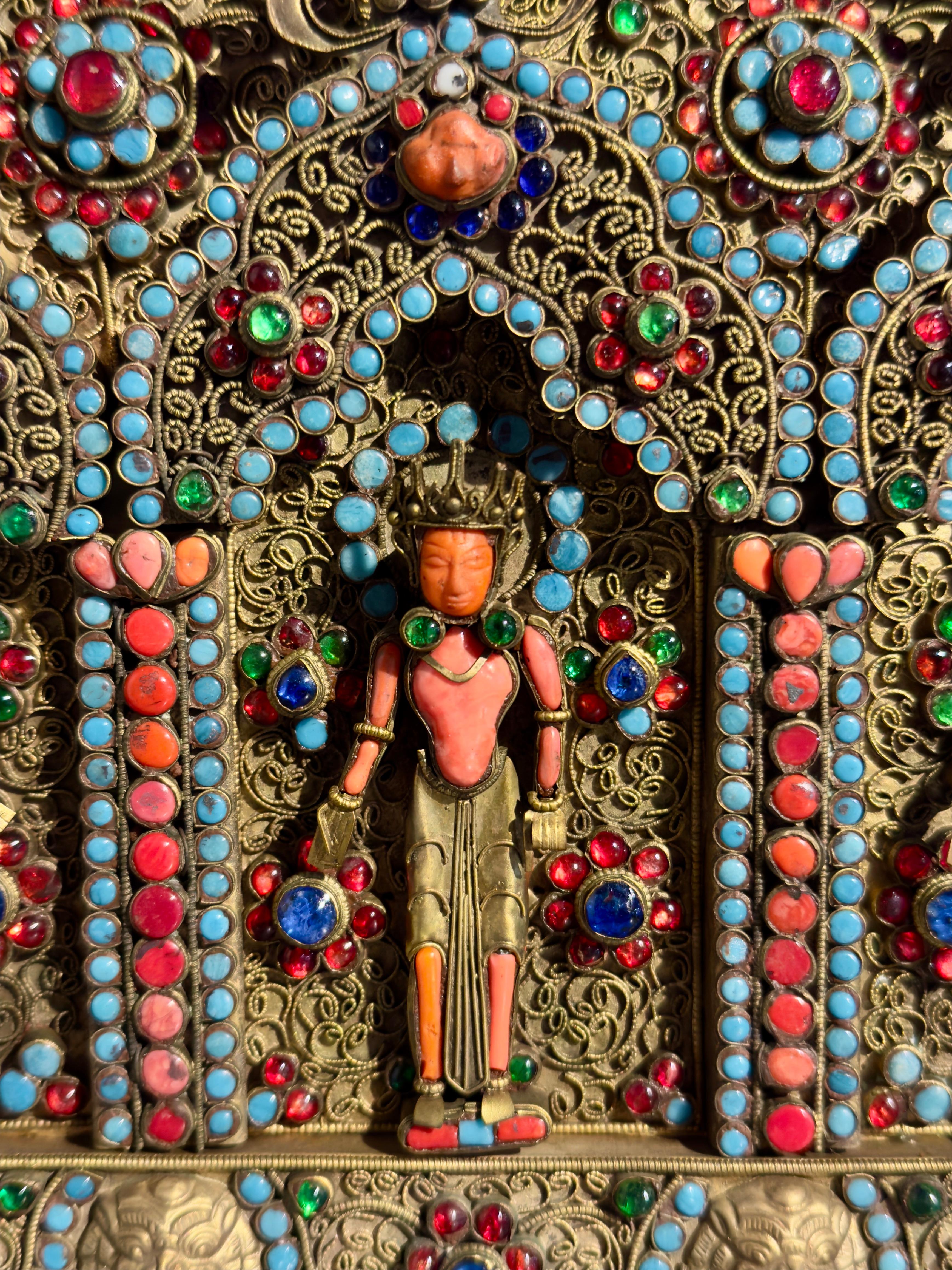 Gilt Nepalese Filigree and Stone and Glass Inlay Votive Plaque, circa 1900 For Sale